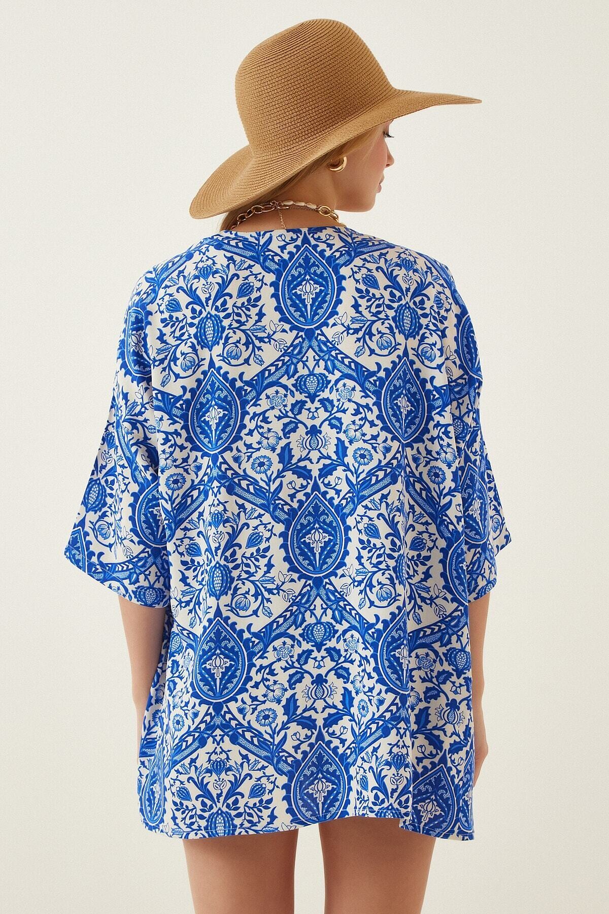 Kadın Mavi Baskılı Düşük Kol Viskon Kimono HZL22S-BD158631