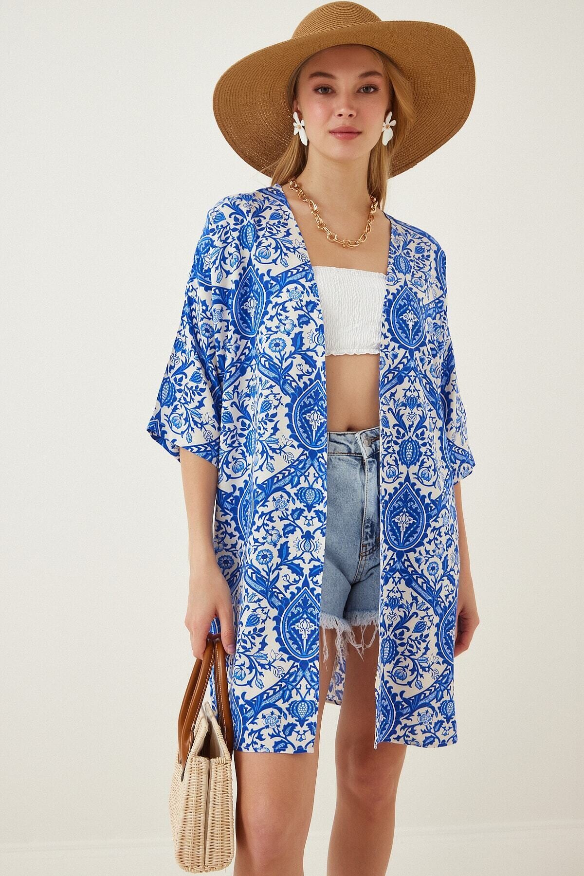 Kadın Mavi Baskılı Düşük Kol Viskon Uzun Kimono HZL22S-BD158321