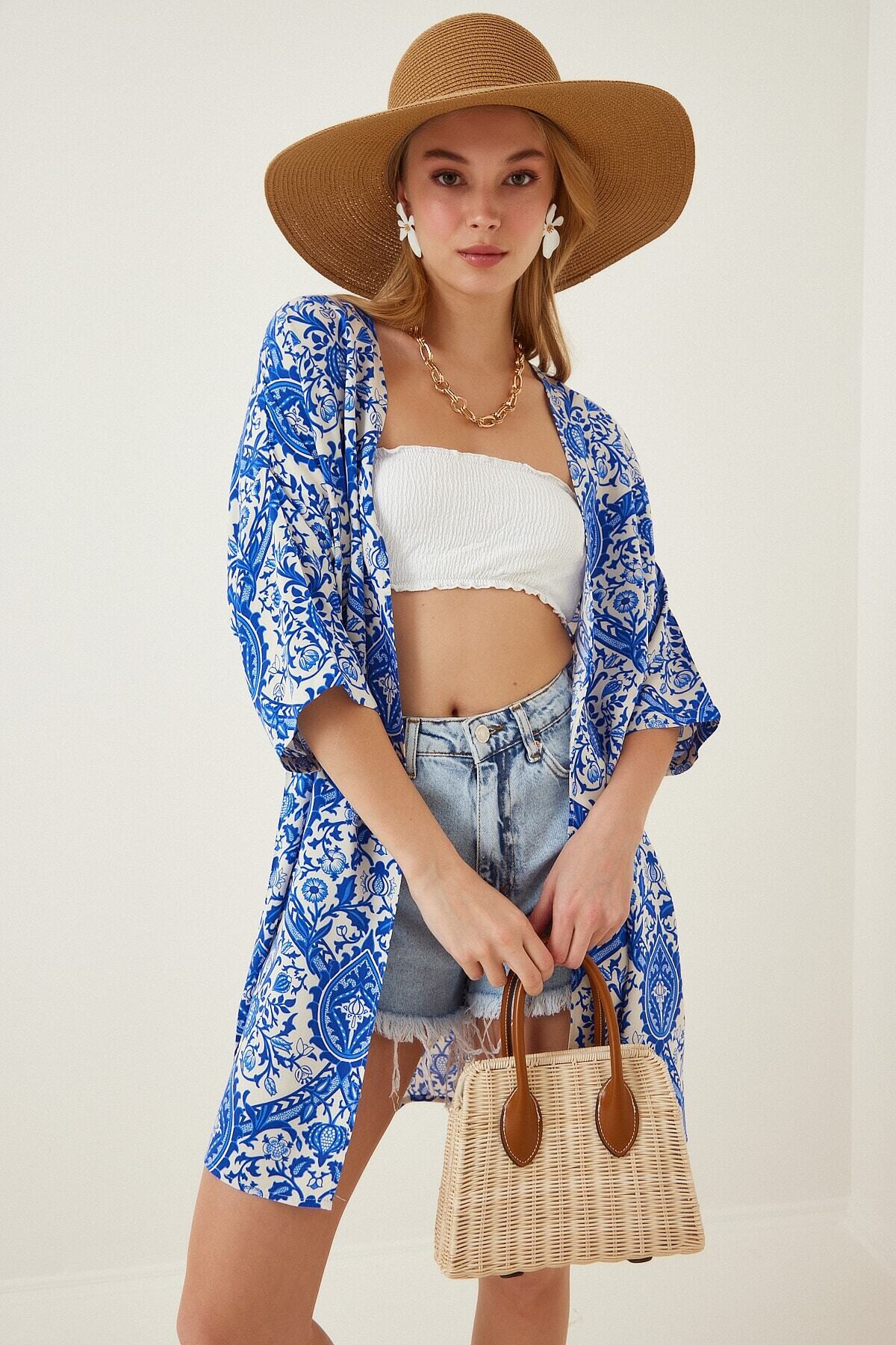 Kadın Mavi Baskılı Düşük Kol Viskon Uzun Kimono HZL22S-BD158321