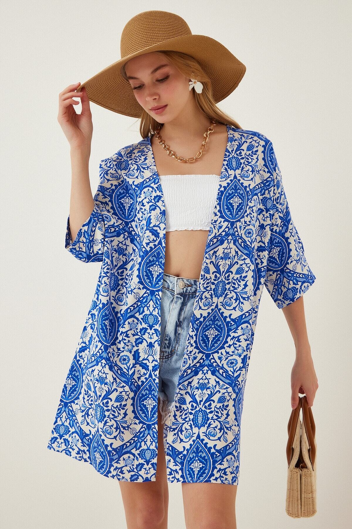 Kadın Mavi Baskılı Düşük Kol Viskon Uzun Kimono HZL22S-BD158321