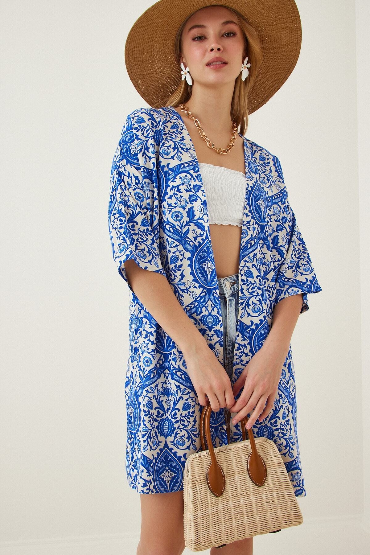 Kadın Mavi Baskılı Düşük Kol Viskon Uzun Kimono HZL22S-BD158321