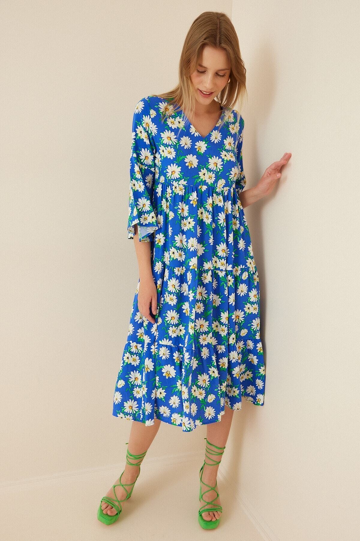 Kadın Mavi Beyaz Çiçekli İspanyol Kol Uzun Viskon Elbise HZL22S-BD119591