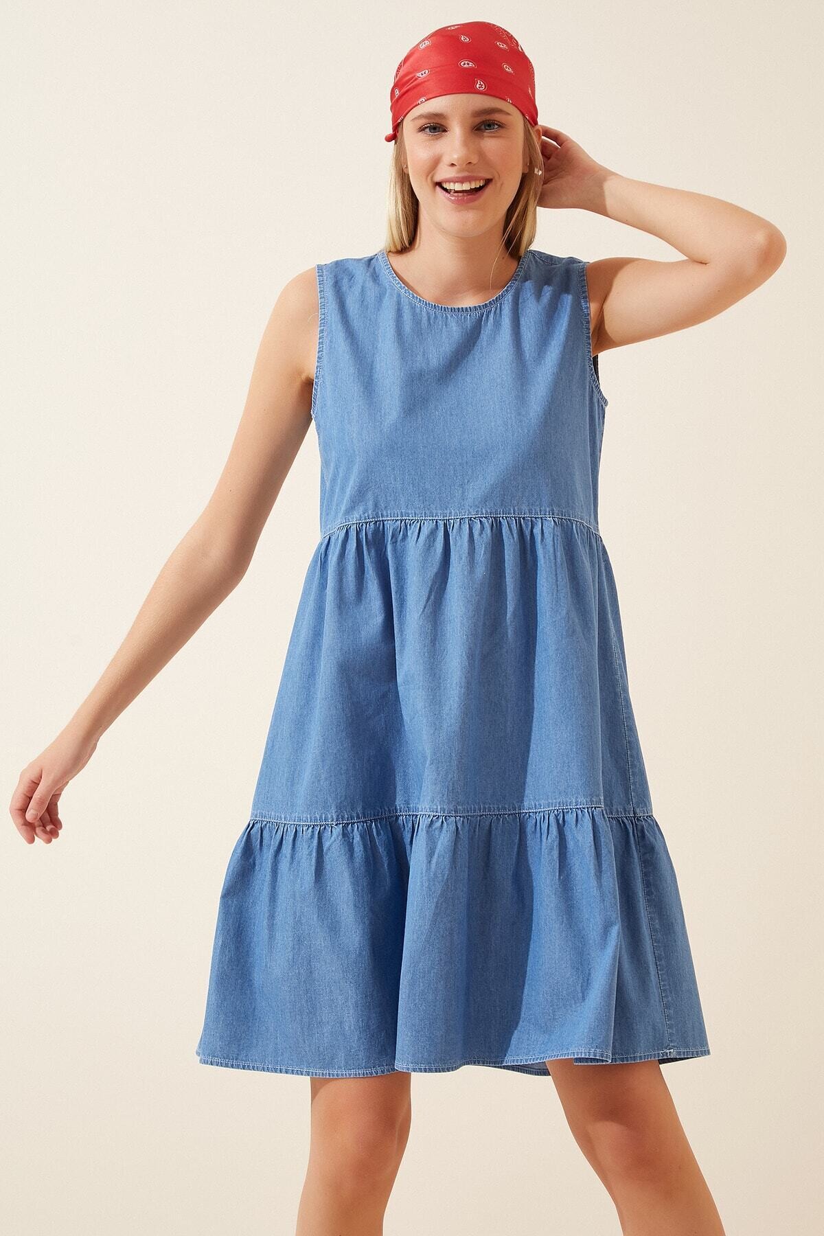 Kadın Mavi Bisiklet Yaka Kolsuz Rahat Kot Elbise HZL22S-BD122091