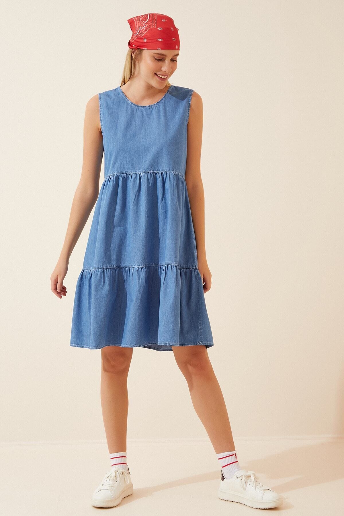 Kadın Mavi Bisiklet Yaka Kolsuz Rahat Kot Elbise HZL22S-BD122091