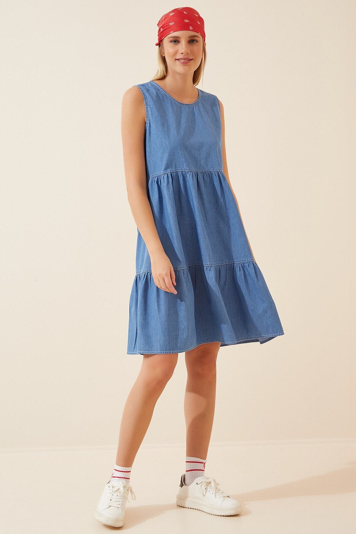 Kadın Mavi Bisiklet Yaka Kolsuz Rahat Kot Elbise HZL22S-BD122091