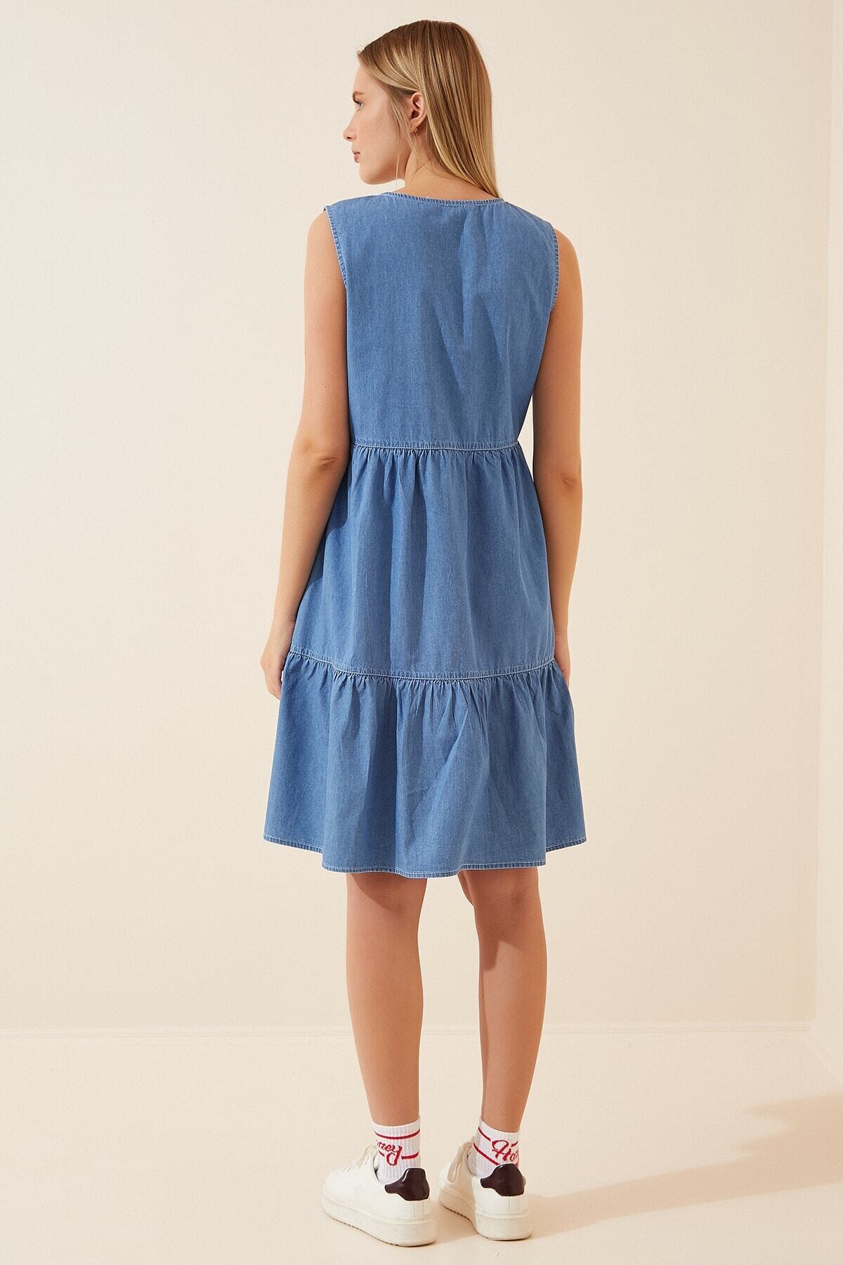 Kadın Mavi Bisiklet Yaka Kolsuz Rahat Kot Elbise HZL22S-BD122091