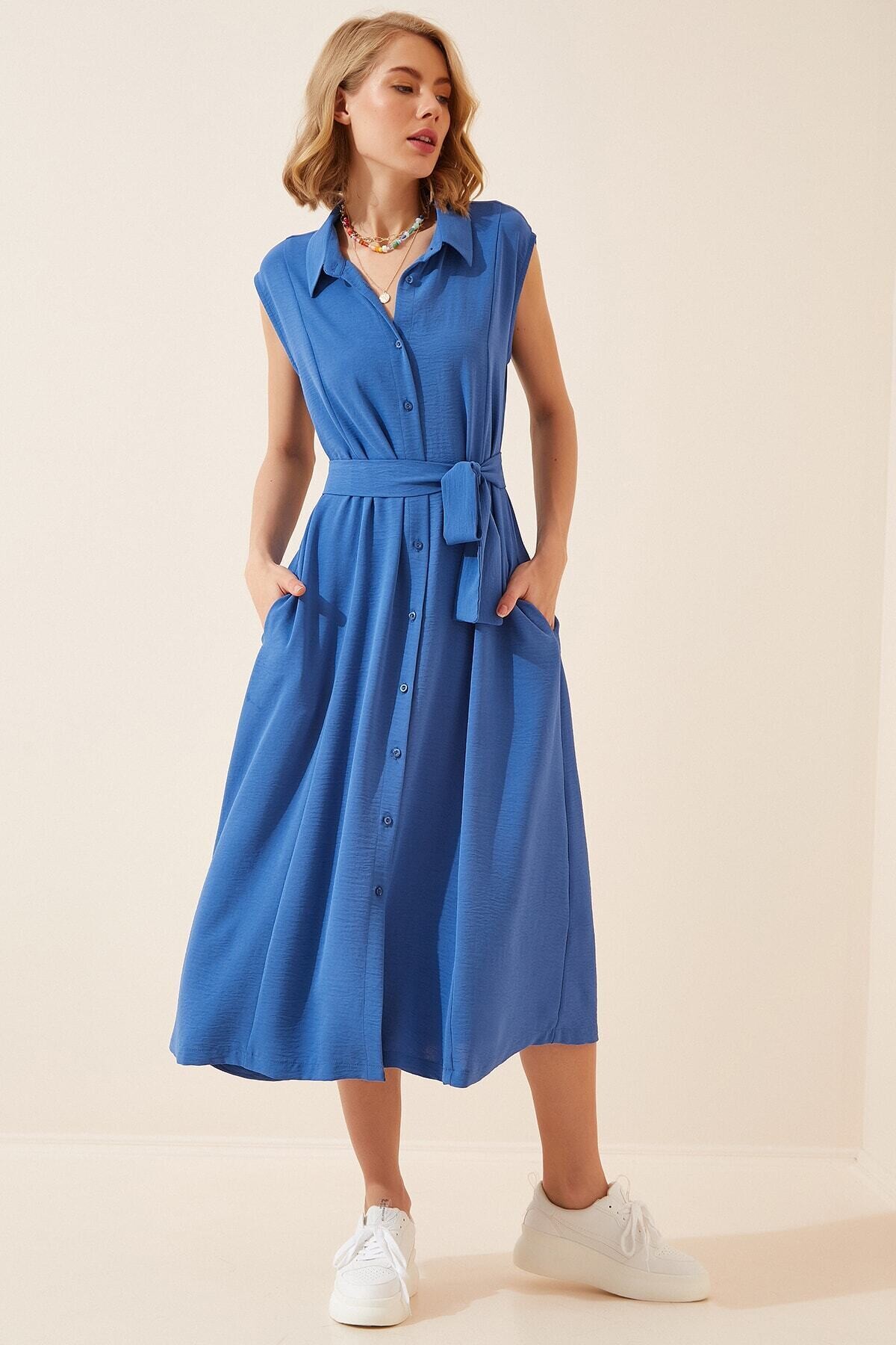 Kadın Mavi Gömlek Yaka Düğmeli  Kuşaklı Gizli Cepli Kolsuz Ayrobin Gömlek Elbise HZL22S-BD122261