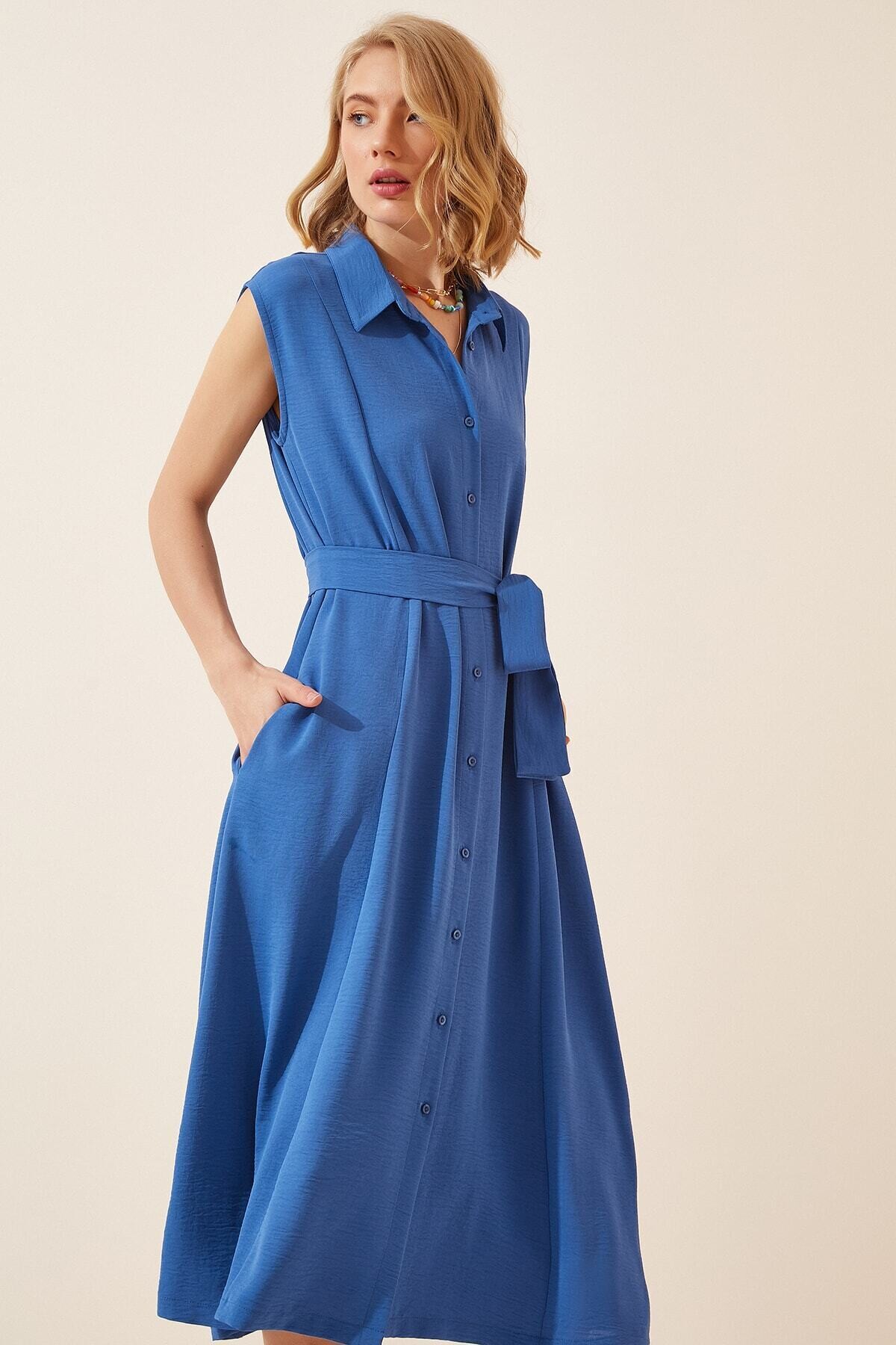 Kadın Mavi Gömlek Yaka Düğmeli  Kuşaklı Gizli Cepli Kolsuz Ayrobin Gömlek Elbise HZL22S-BD122261