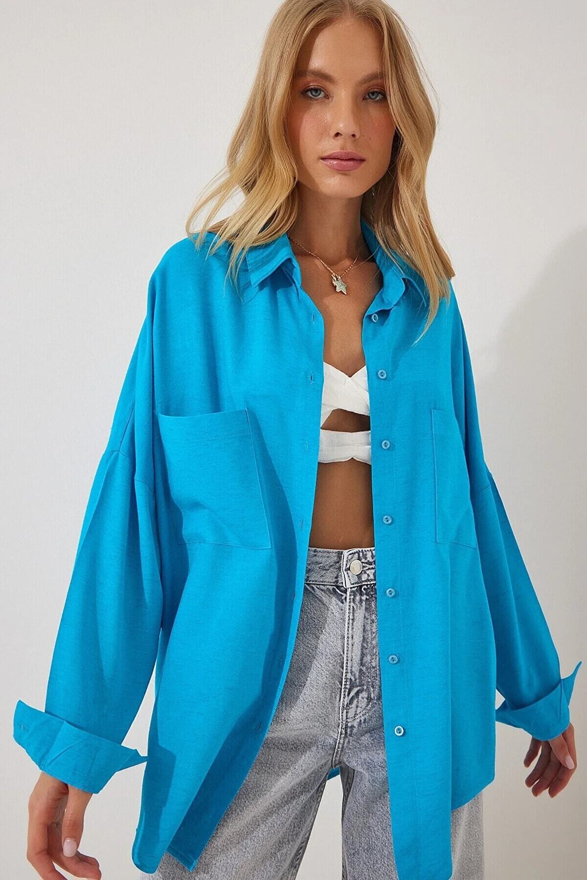 Kadın Mavi Oversize Çift Cepli Keten Gömlek HZL22S-BD1201261