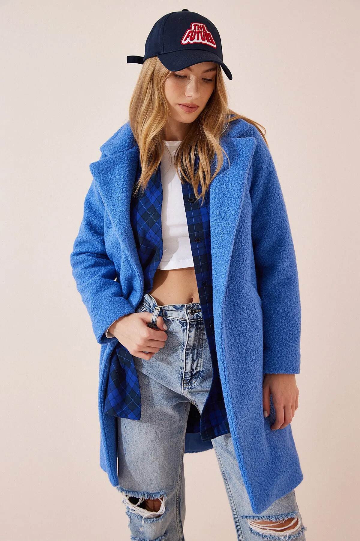 Kadın Mavi Tek Düğmeli Çift Cepli Astarlı Buklet Kaşe Kaban Hzl22w-bd190821