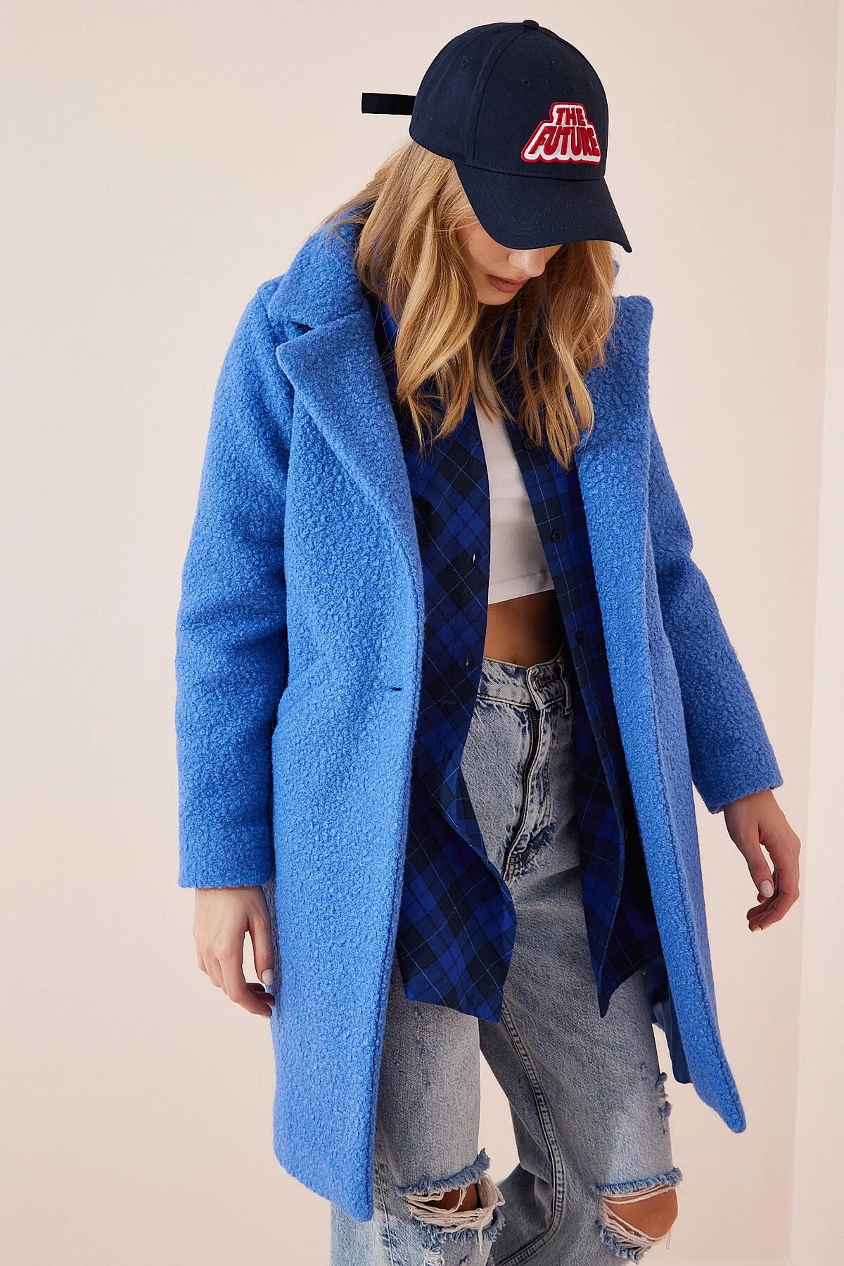 Kadın Mavi Tek Düğmeli Çift Cepli Astarlı Buklet Kaşe Kaban Hzl22w-bd190821