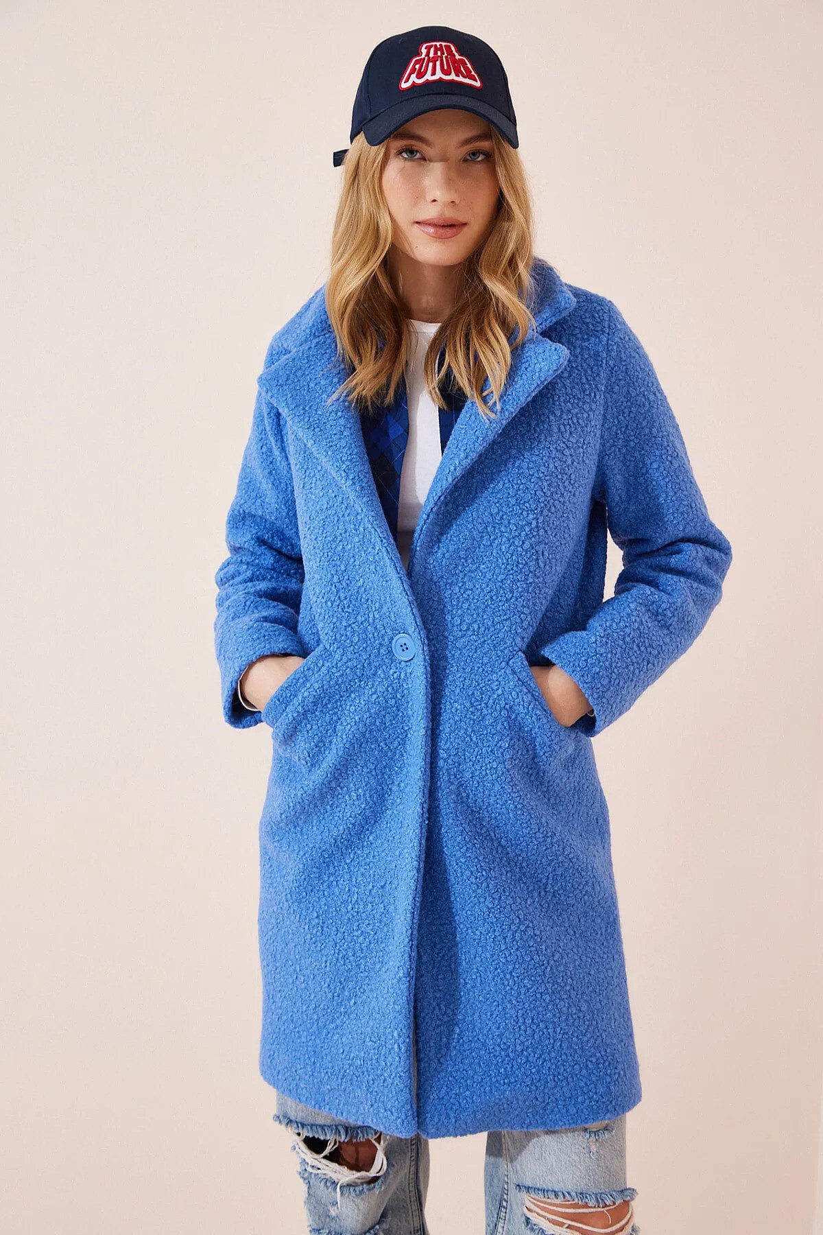 Kadın Mavi Tek Düğmeli Çift Cepli Astarlı Buklet Kaşe Kaban Hzl22w-bd190821