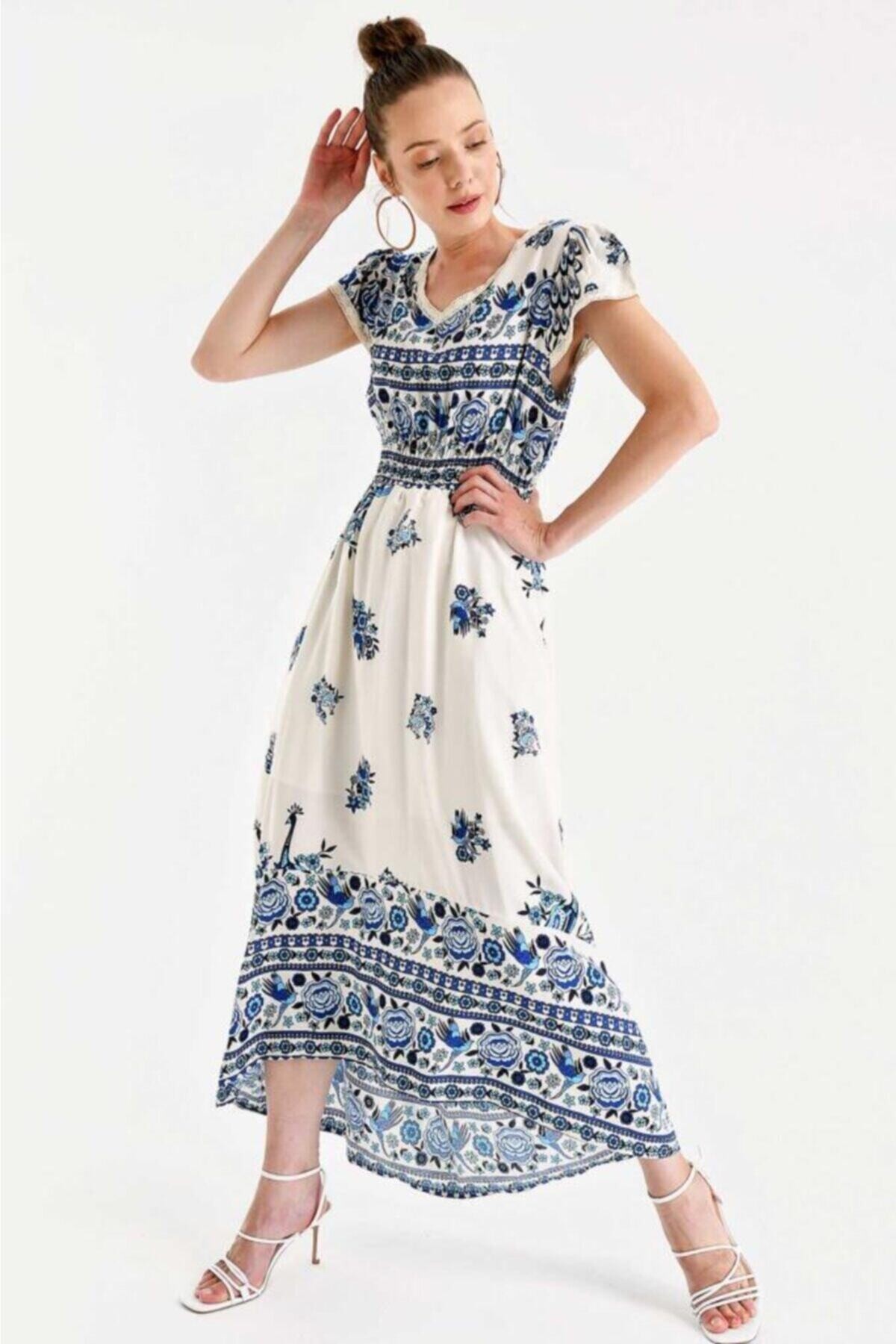 Kadın Mavi Uzun Beli Lastikli Viskon Desenli Elbise HZL22S-BD117011
