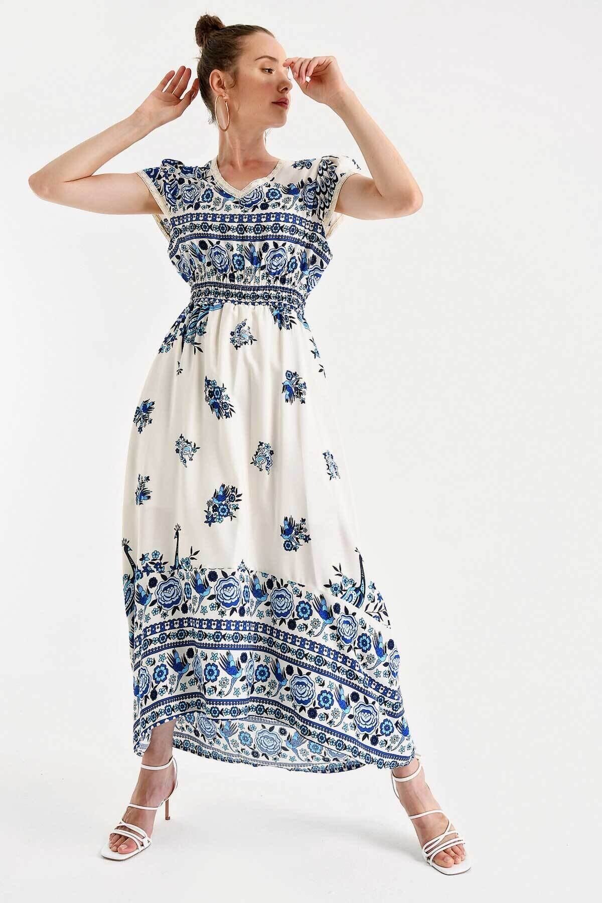 Kadın Mavi Uzun Beli Lastikli Viskon Desenli Elbise HZL22S-BD117011