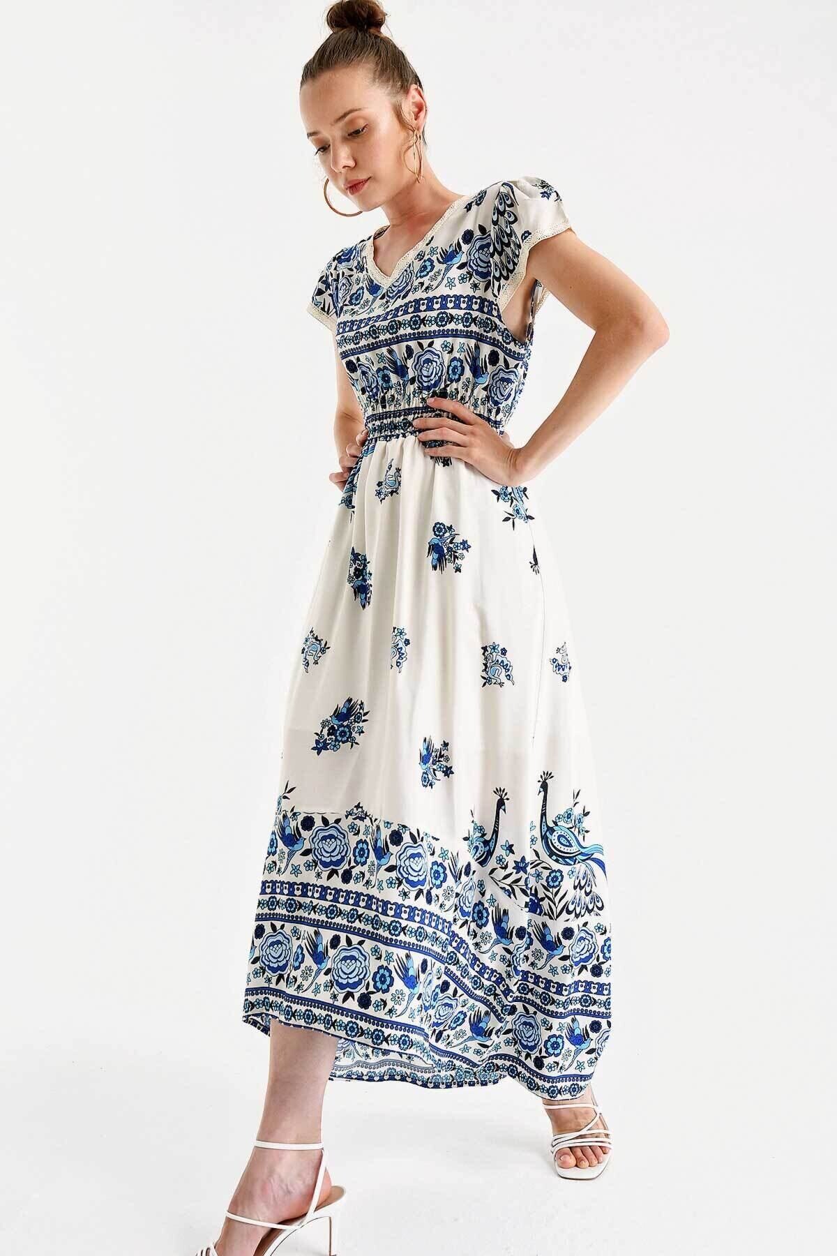 Kadın Mavi Uzun Beli Lastikli Viskon Desenli Elbise HZL22S-BD117011