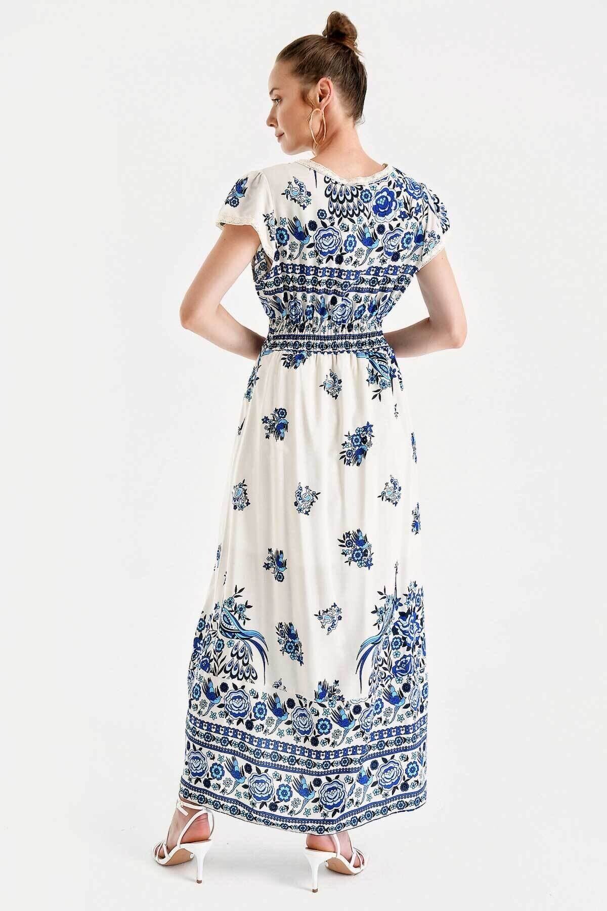 Kadın Mavi Uzun Beli Lastikli Viskon Desenli Elbise HZL22S-BD117011