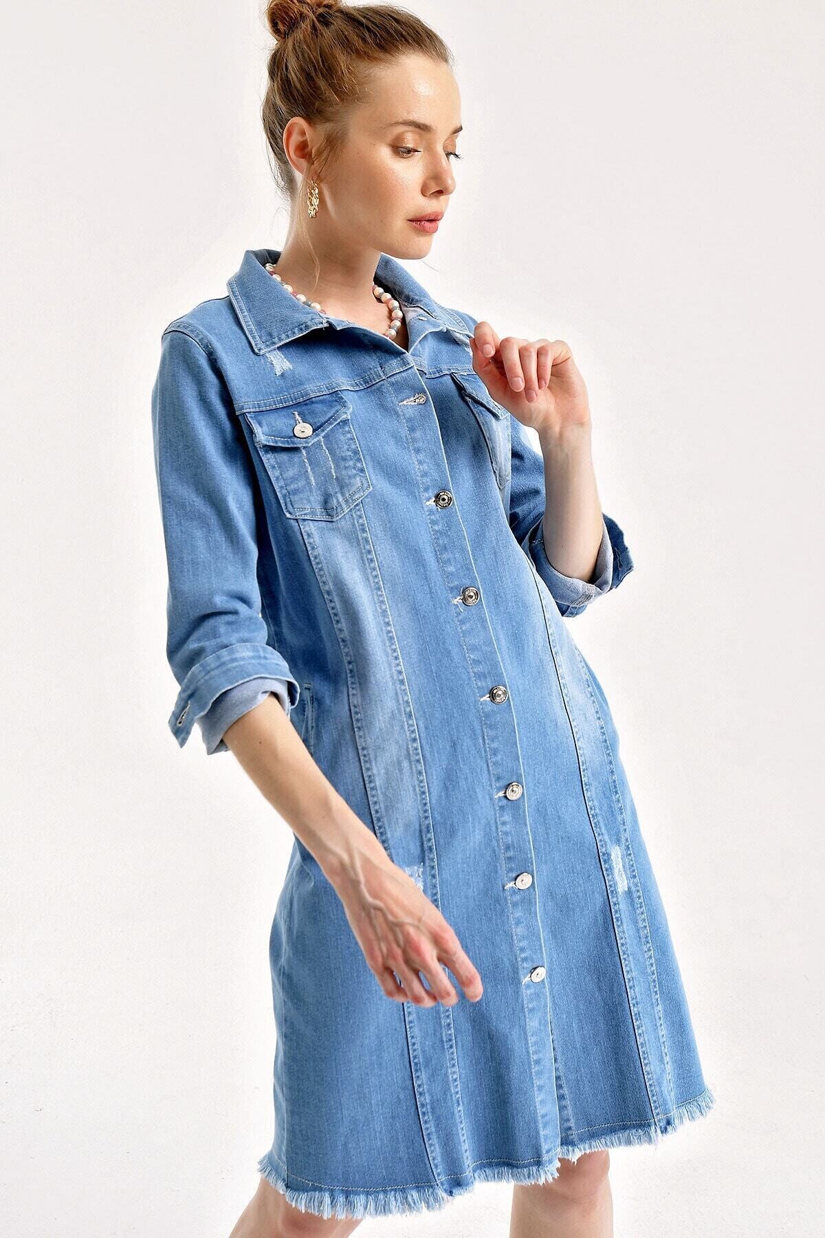 Kadın Mavi Uzun Kot Ceket HZL22S-BD106461