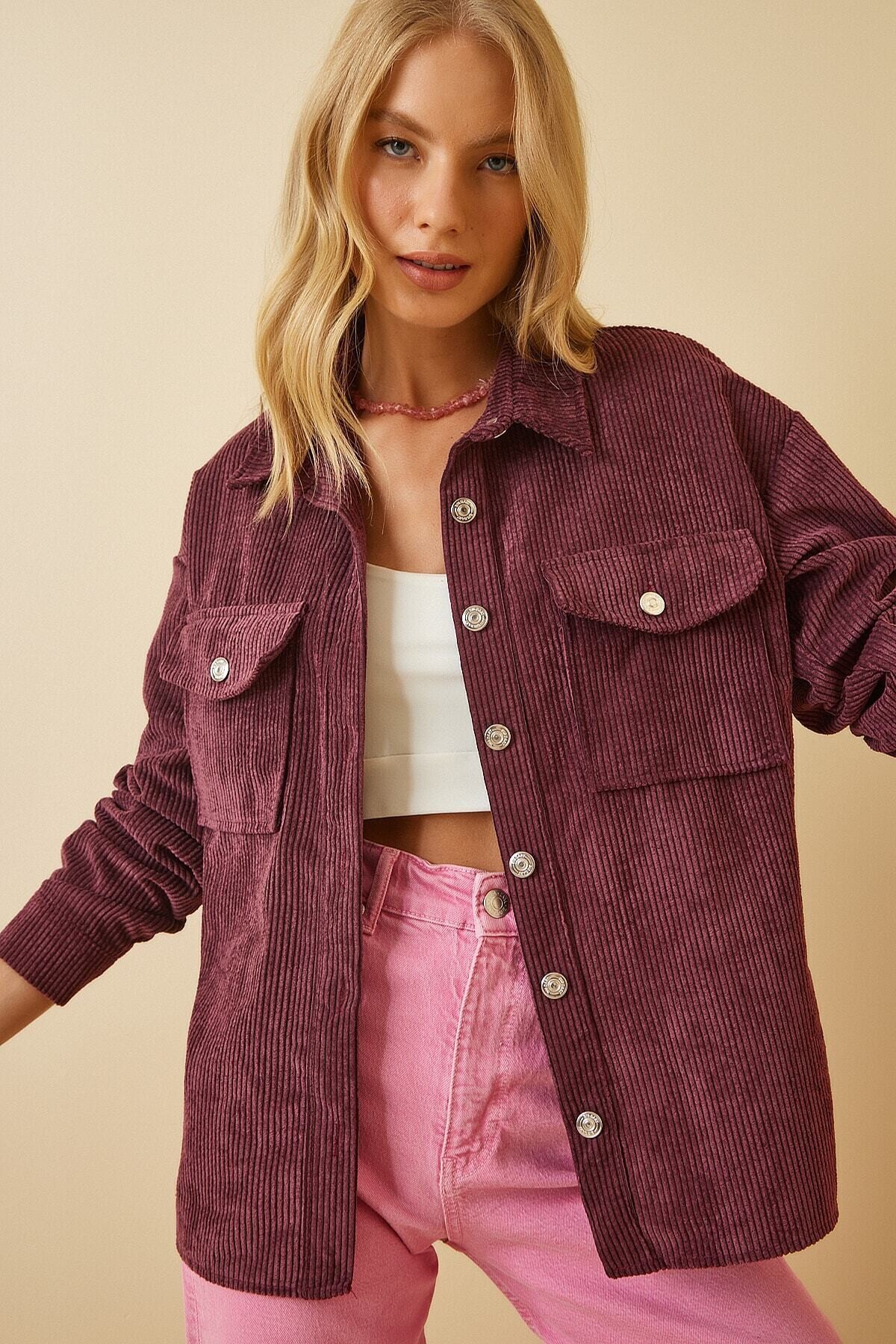 Kadın Mürdüm Kadife Hafif Oversize Şık Gömlek HZL23W-BD138651