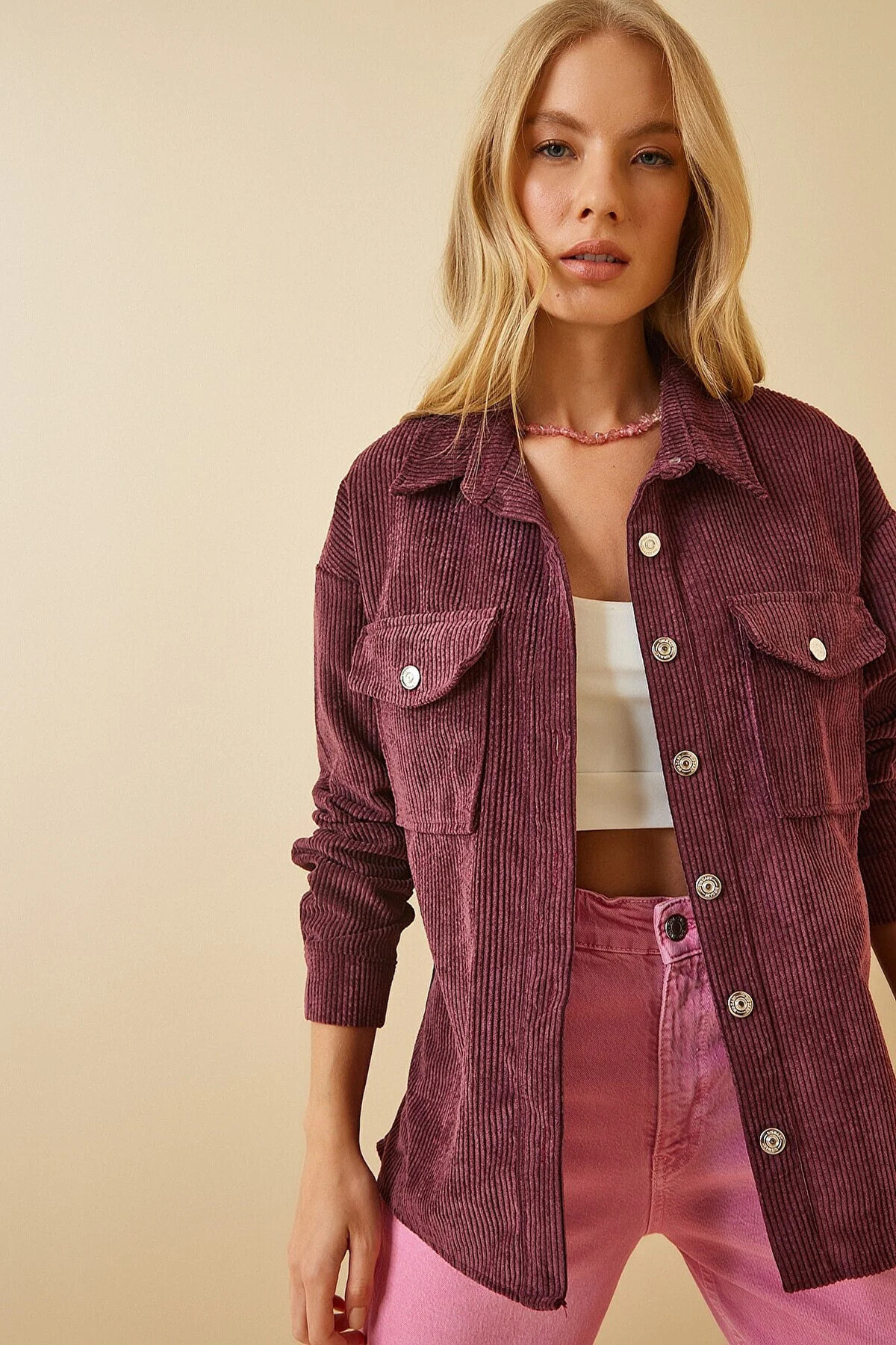 Kadın Mürdüm Kadife Hafif Oversize Şık Gömlek HZL23W-BD138651