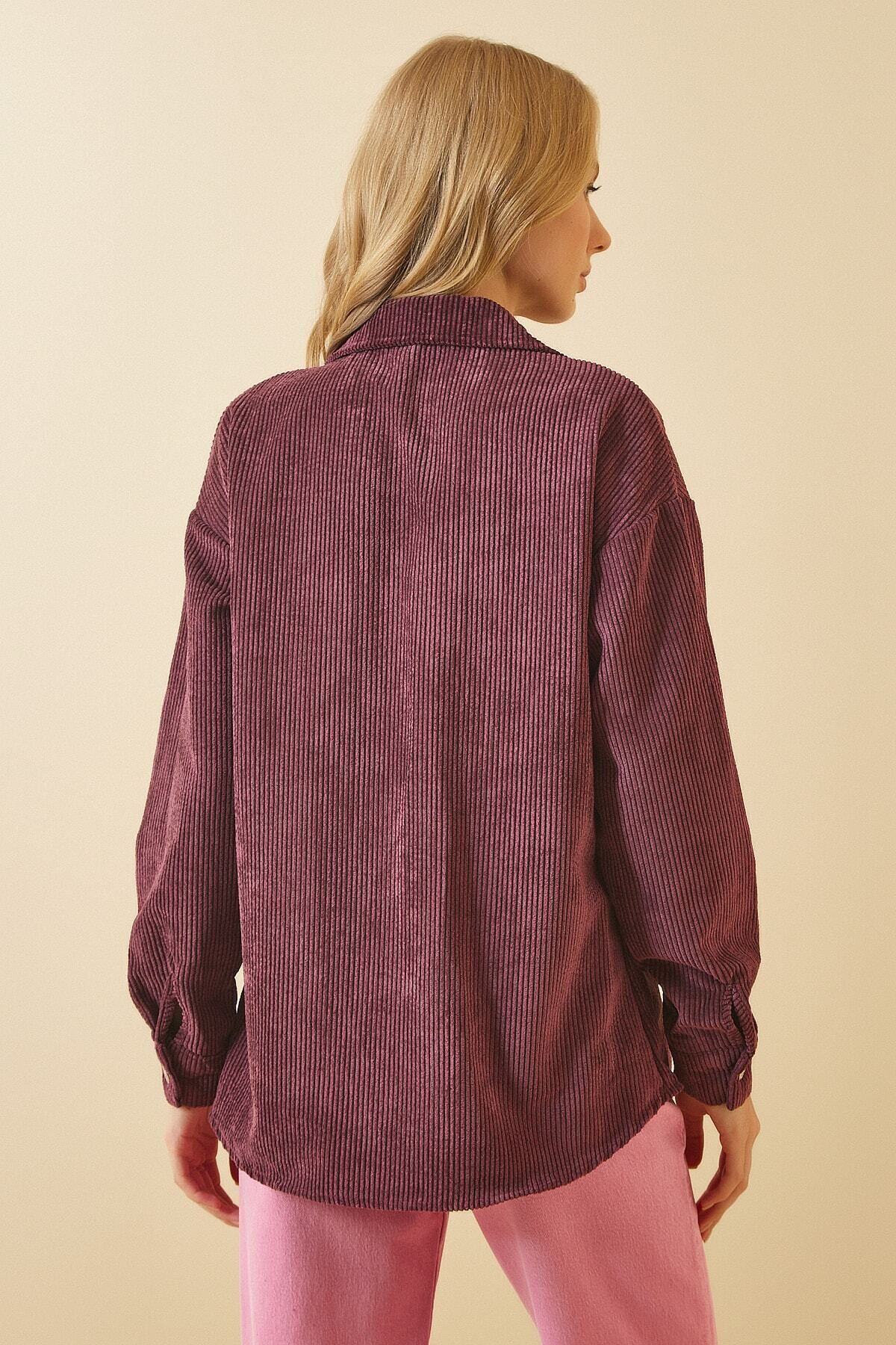 Kadın Mürdüm Kadife Hafif Oversize Şık Gömlek HZL23W-BD138651