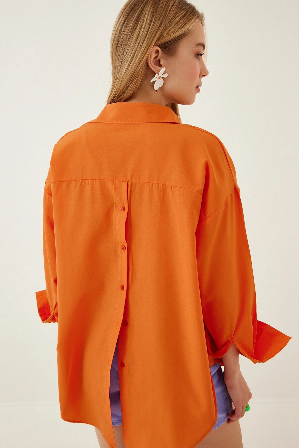 Kadın Oranj Arkası Boyfriend Poplin Gömlek HZL22S-BD139521