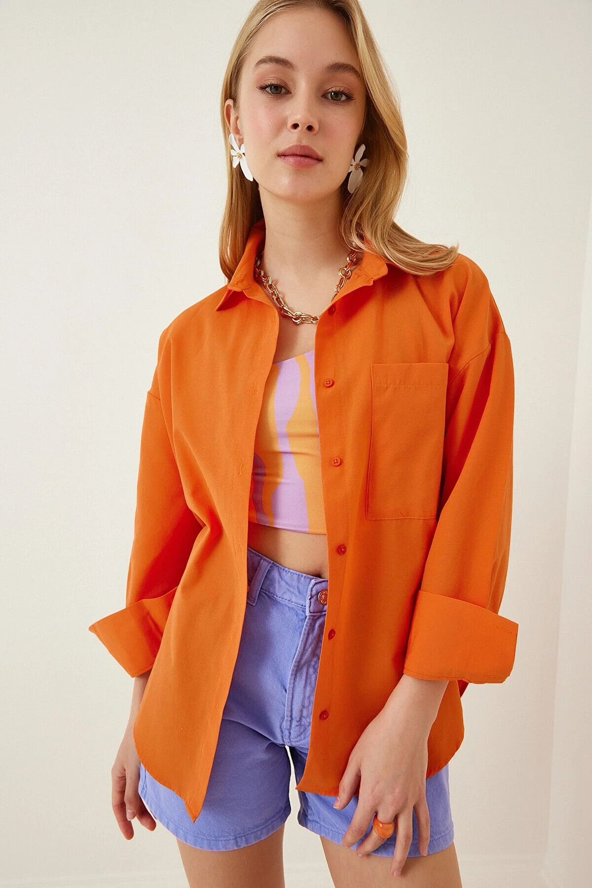 Kadın Oranj Arkası Boyfriend Poplin Gömlek HZL22S-BD139521