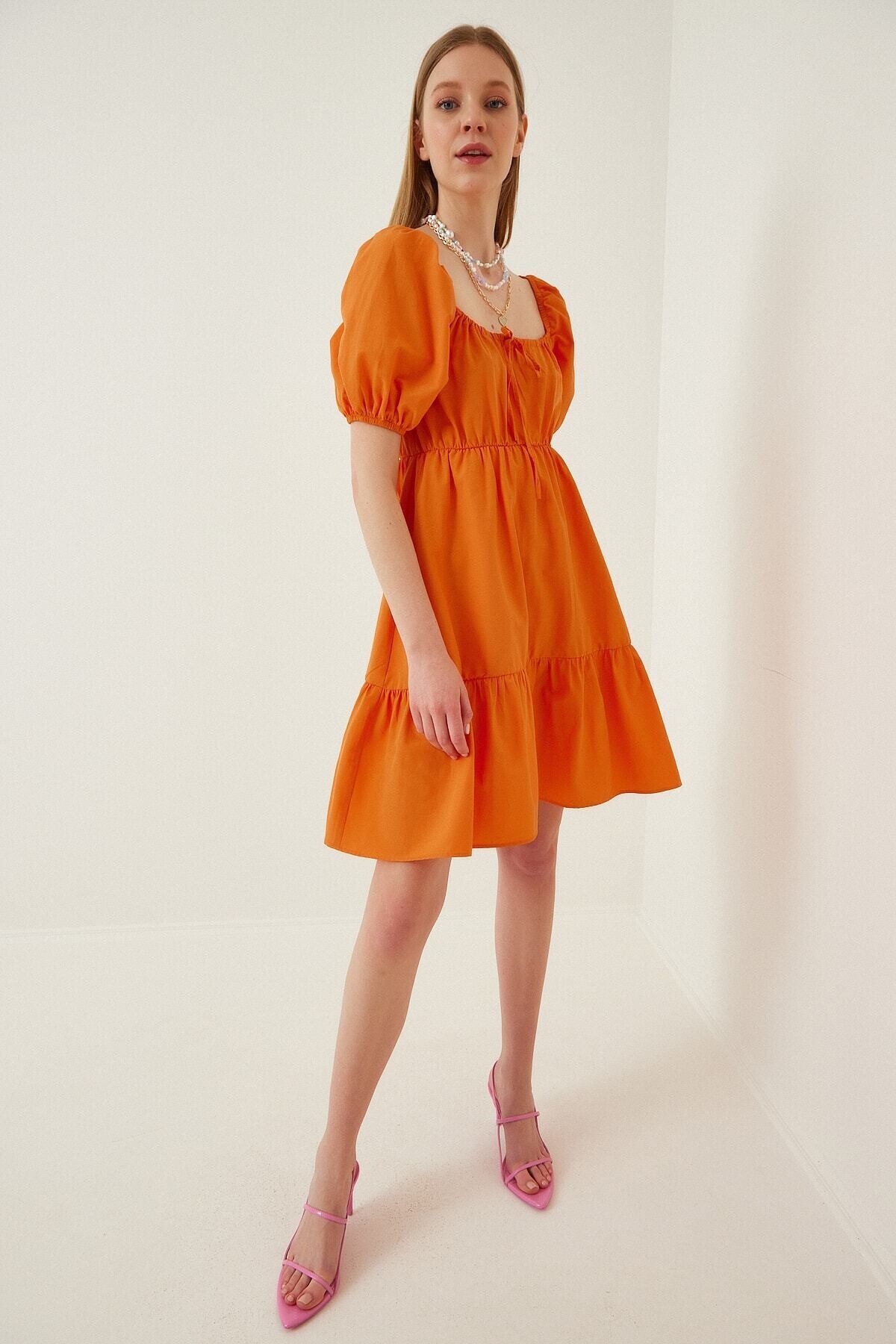 Kadın Oranj Büzgülü Yaka Lastikli Bel Kloş Poplin Elbise Hzl22s-bd123511