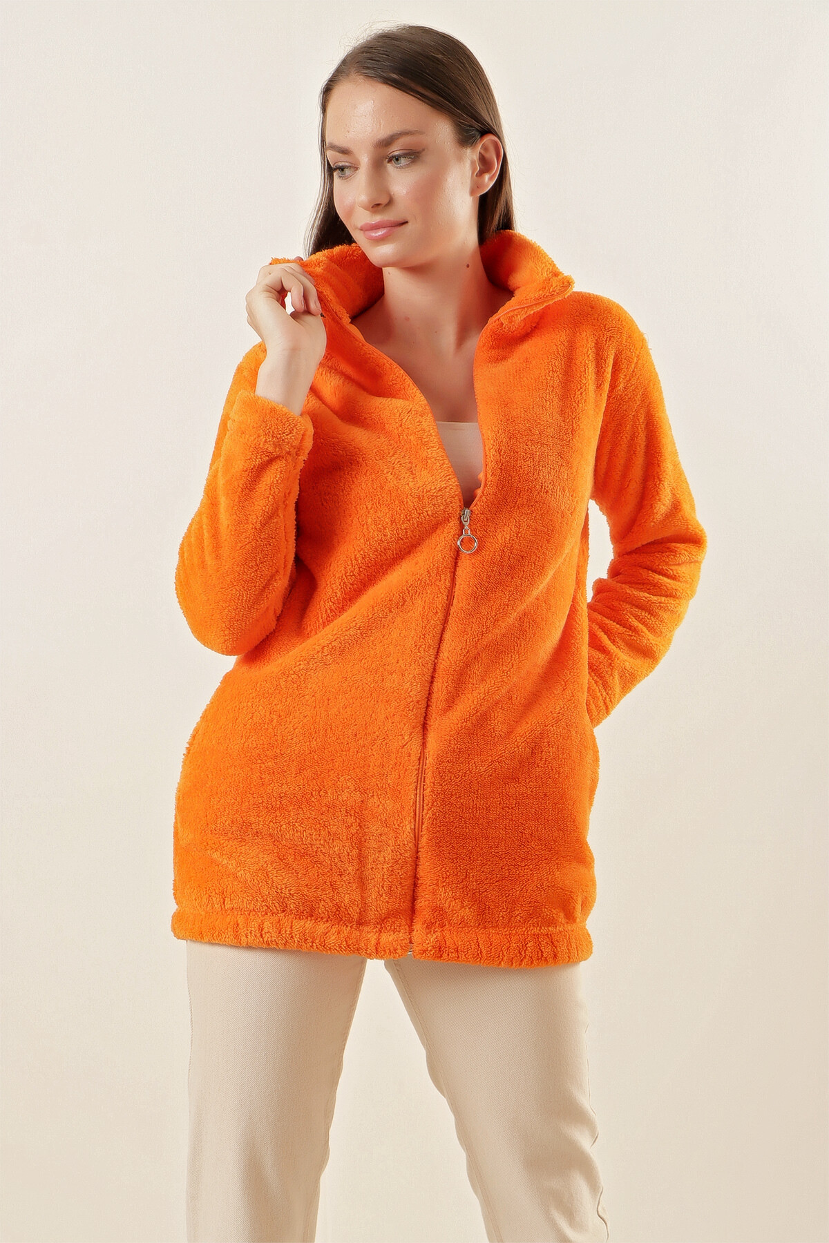 Kadın Oranj Fermuarlı Uzun Rahat Peluş Sweatshirt HZL23W-BD1553871
