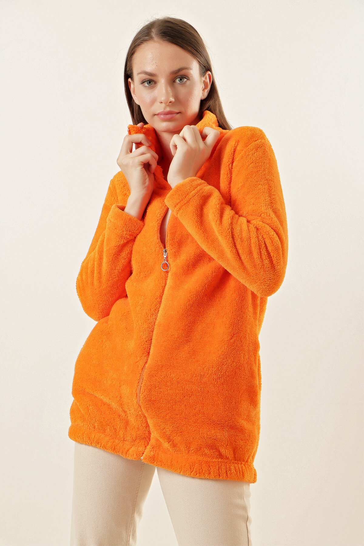 Kadın Oranj Fermuarlı Uzun Rahat Peluş Sweatshirt HZL23W-BD1553871
