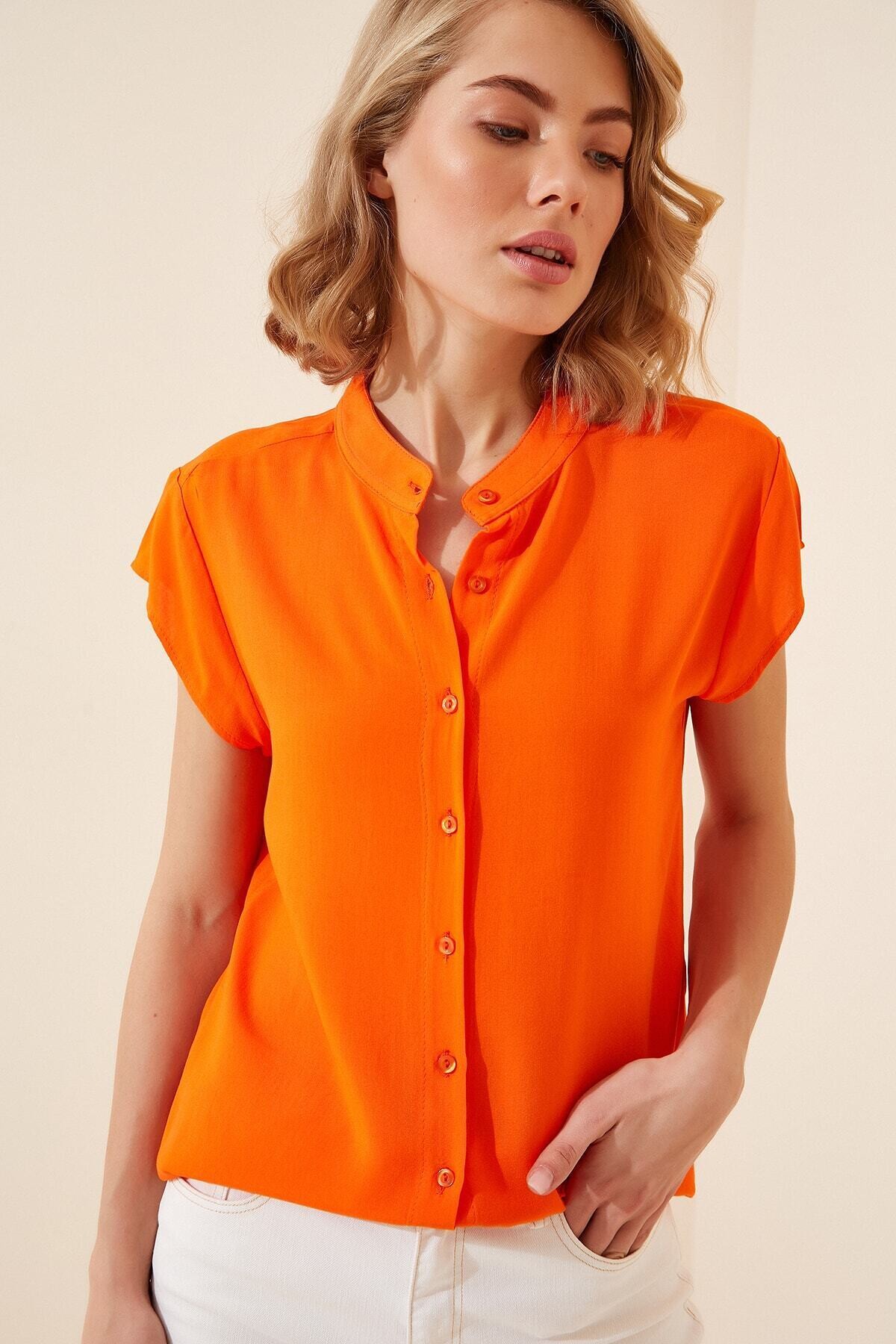 Kadın Oranj Hakim Yaka Yarım Kollu Viskon Gömlek HZL22S-BD137111
