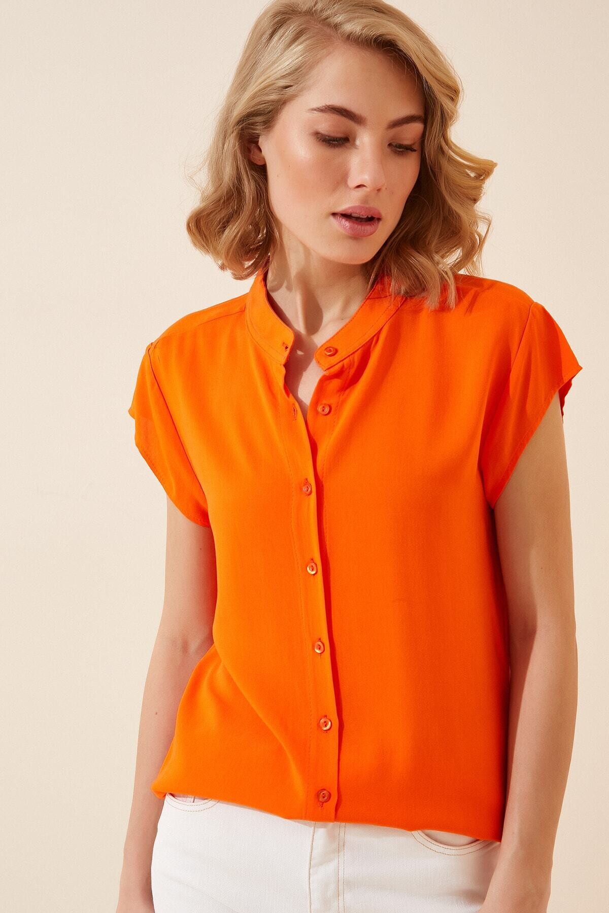 Kadın Oranj Hakim Yaka Yarım Kollu Viskon Gömlek HZL22S-BD137111