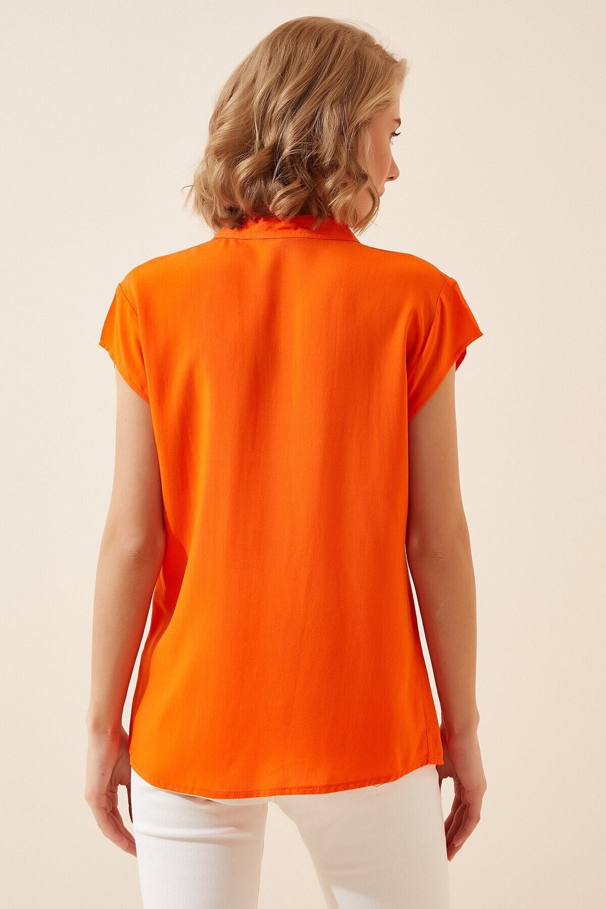 Kadın Oranj Hakim Yaka Yarım Kollu Viskon Gömlek HZL22S-BD137111