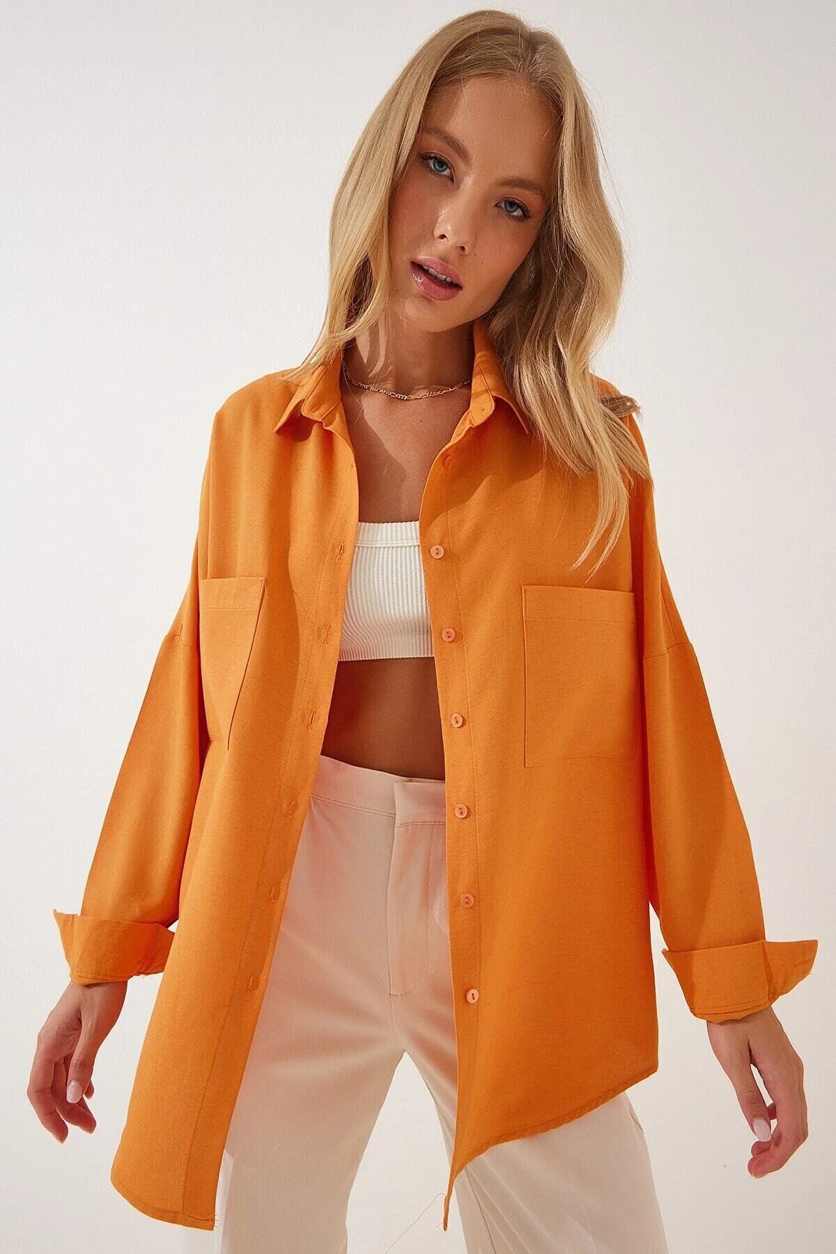Kadın Oranj Oversize Çift Cepli Keten Gömlek HZL22S-BD1201261
