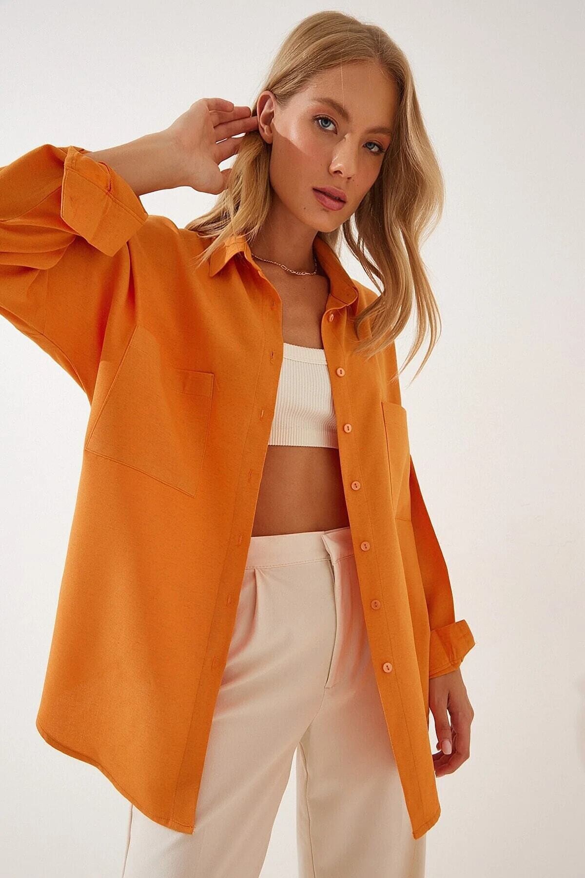 Kadın Oranj Oversize Çift Cepli Keten Gömlek HZL22S-BD1201261
