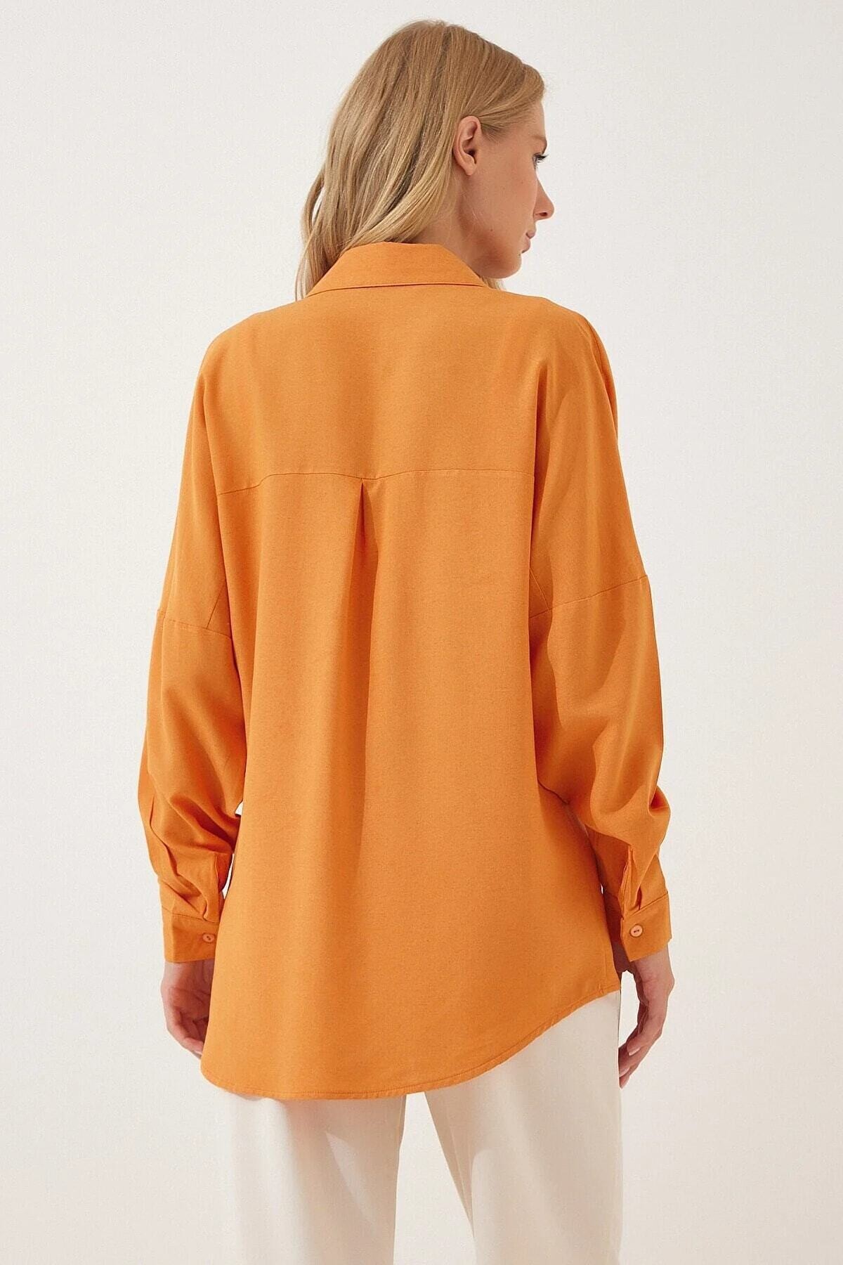 Kadın Oranj Oversize Çift Cepli Keten Gömlek HZL22S-BD1201261