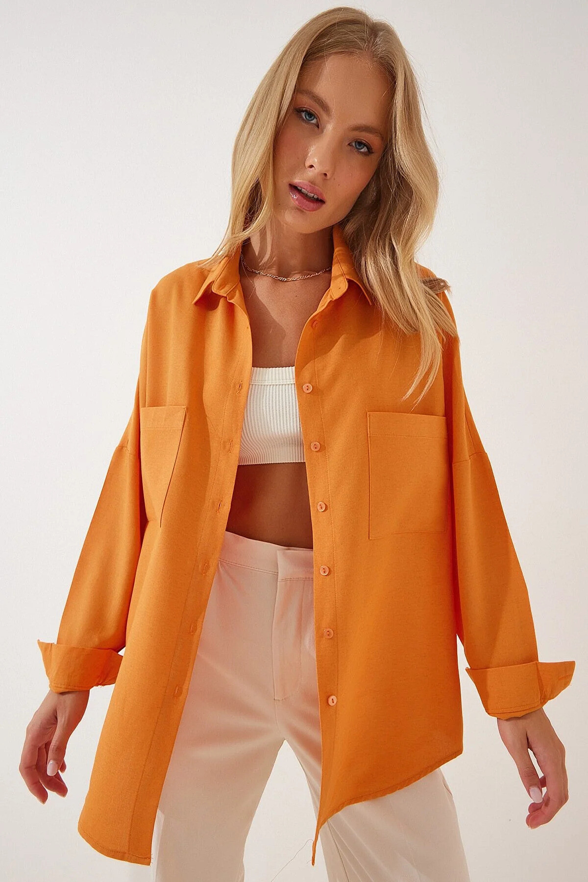 Kadın Oranj Oversize Çift Cepli Keten Gömlek HZL22S-BD1201261