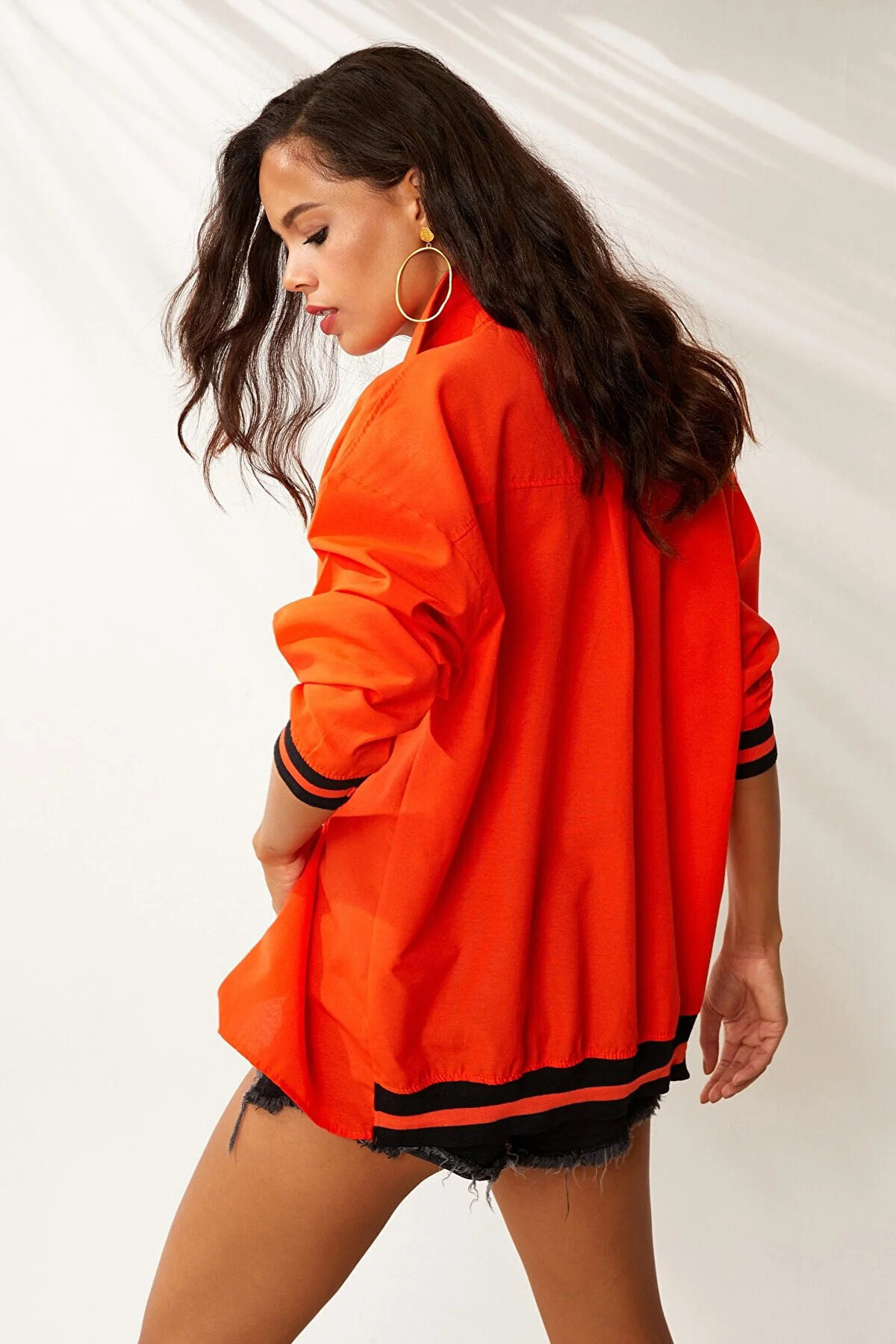 Kadın Oranj Oversize Uzun Ribanalı Gömlek HZL22S-RT110011