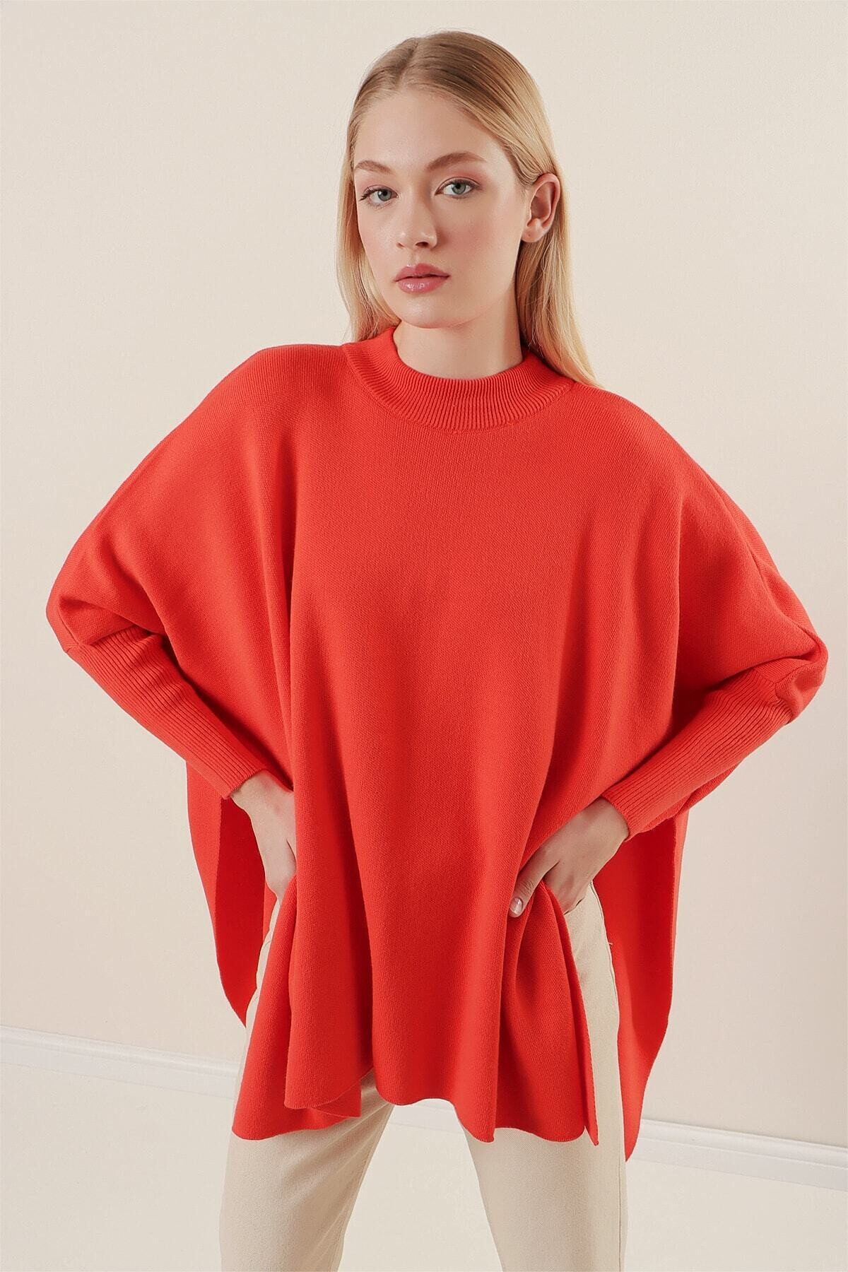 Kadın Oranj Oversize Yırtmaçlı Panço Triko Kazak  HZL23W-BD1100761