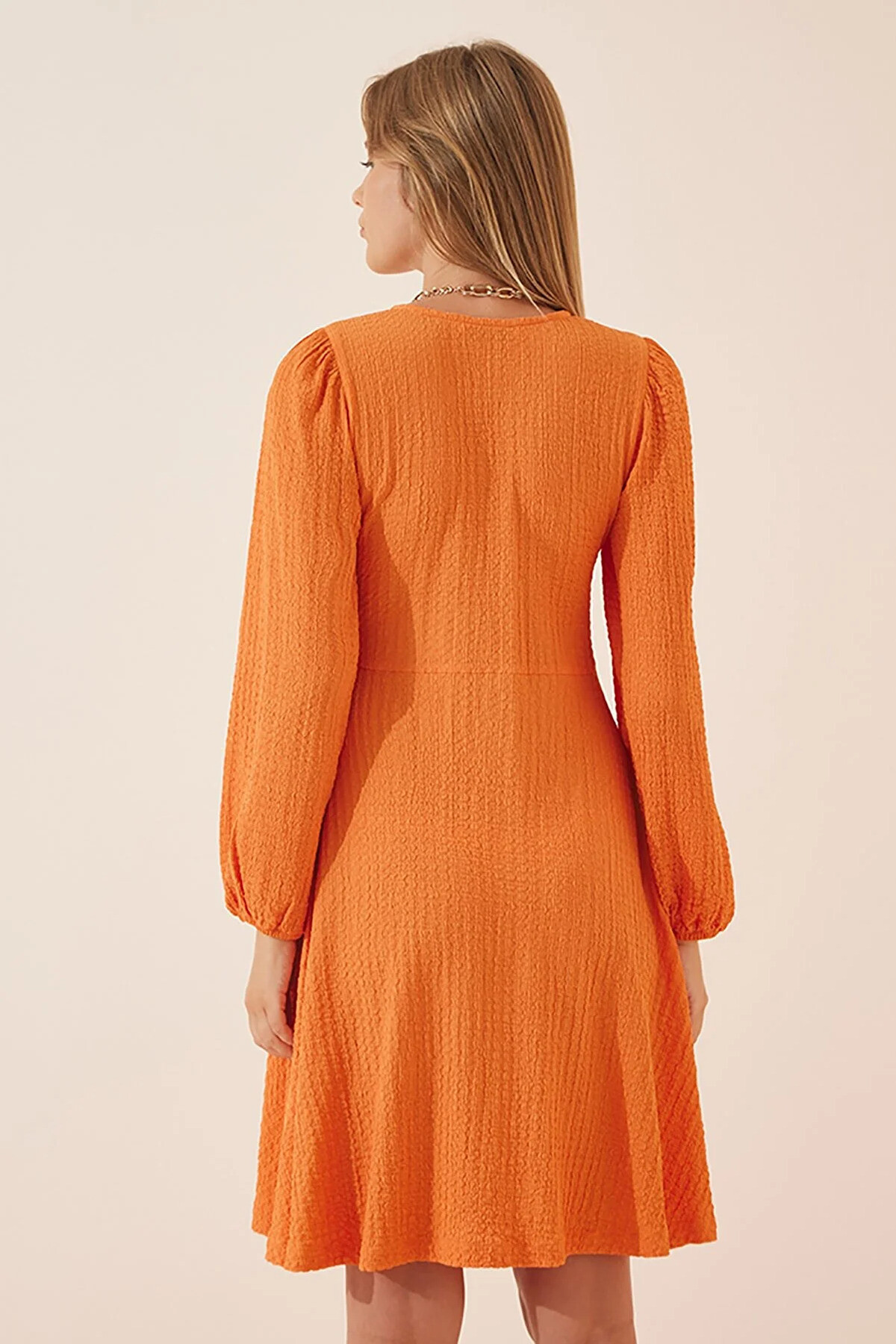 Kadın Oranj V Yaka Dokulu Likralı Uzun Kollu Anvelop Örme Elbise HZL23W-BD123621