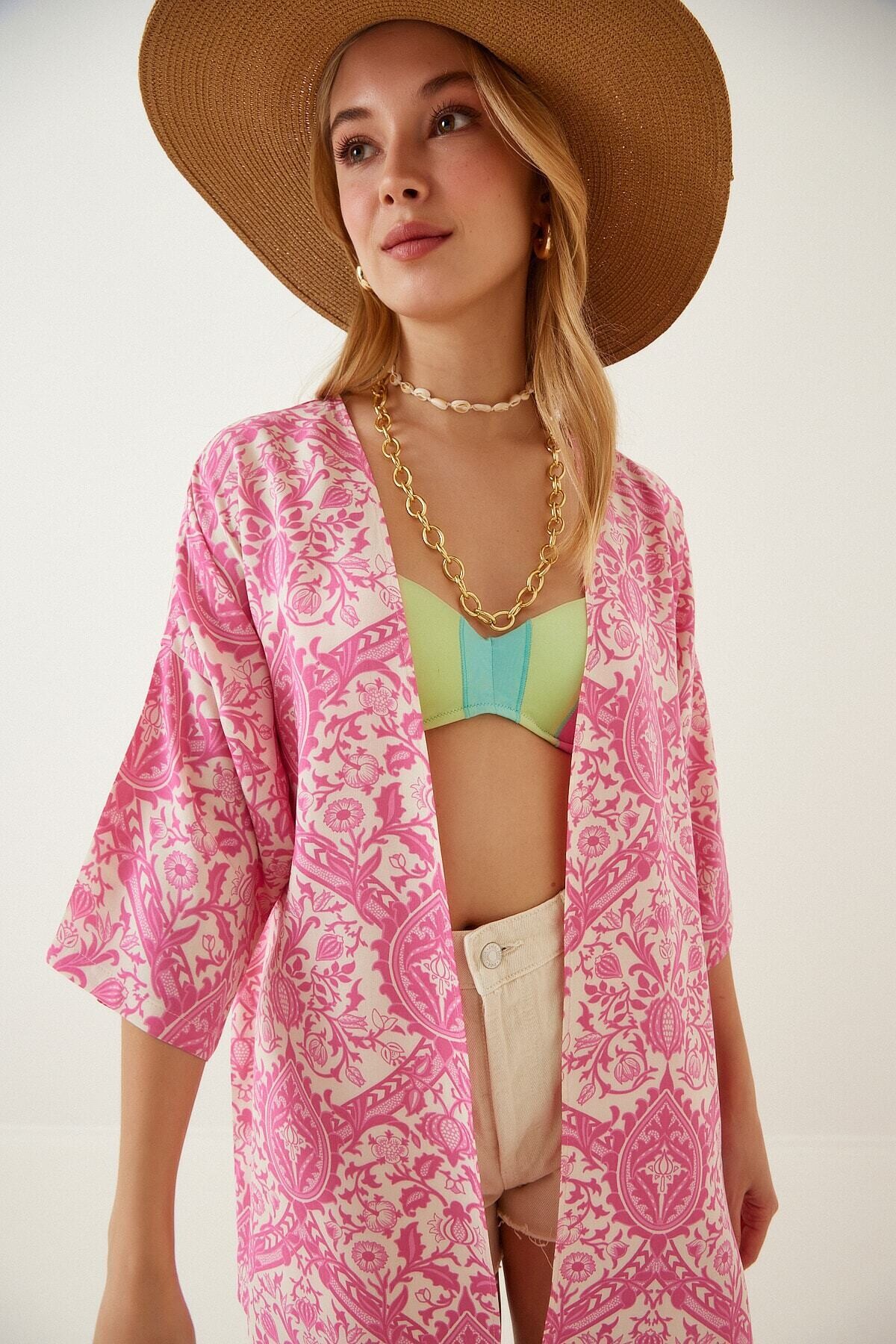 Kadın Pembe Baskılı Düşük Kol Viskon Kimono HZL22S-BD158631