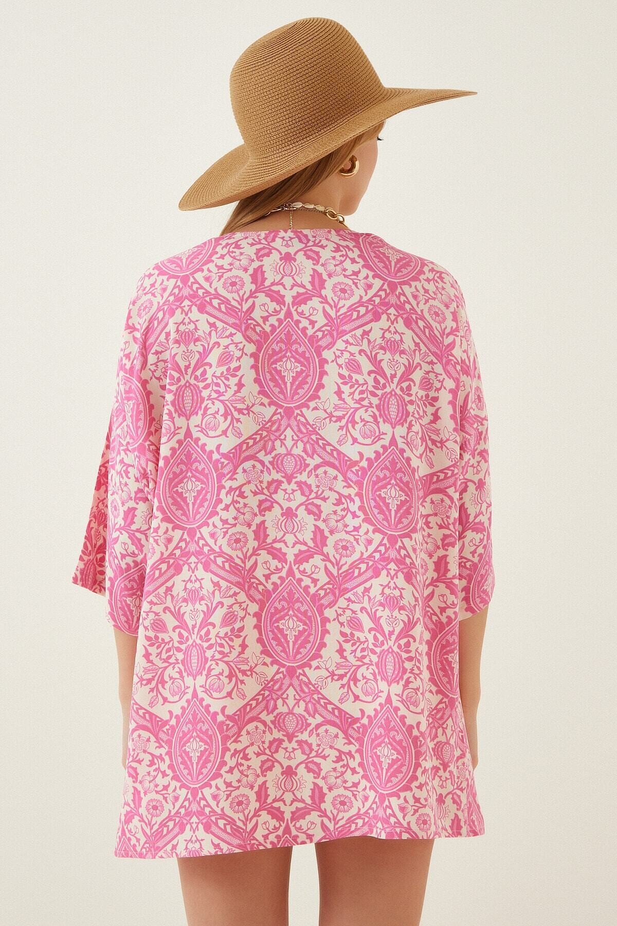 Kadın Pembe Baskılı Düşük Kol Viskon Kimono HZL22S-BD158631