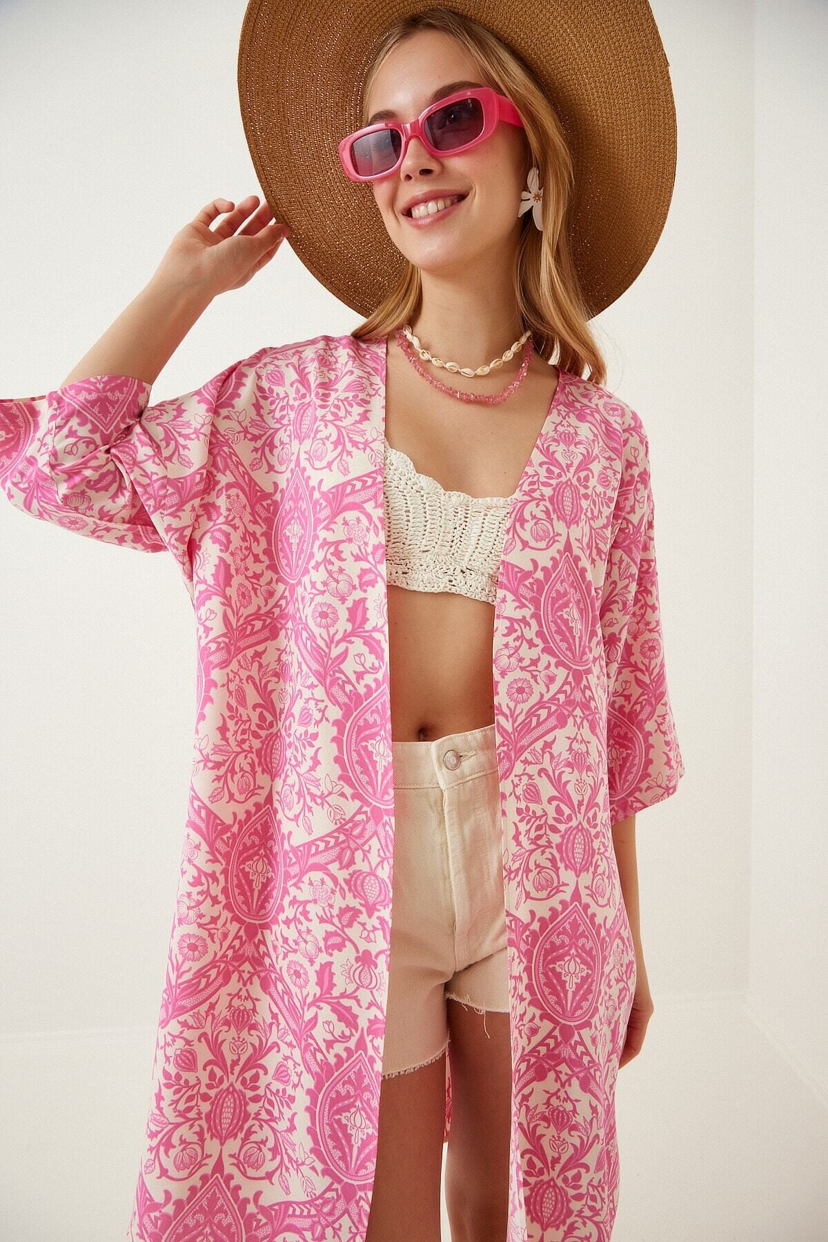 Kadın Pembe Baskılı Düşük Kol Viskon Uzun Kimono HZL22S-BD158321