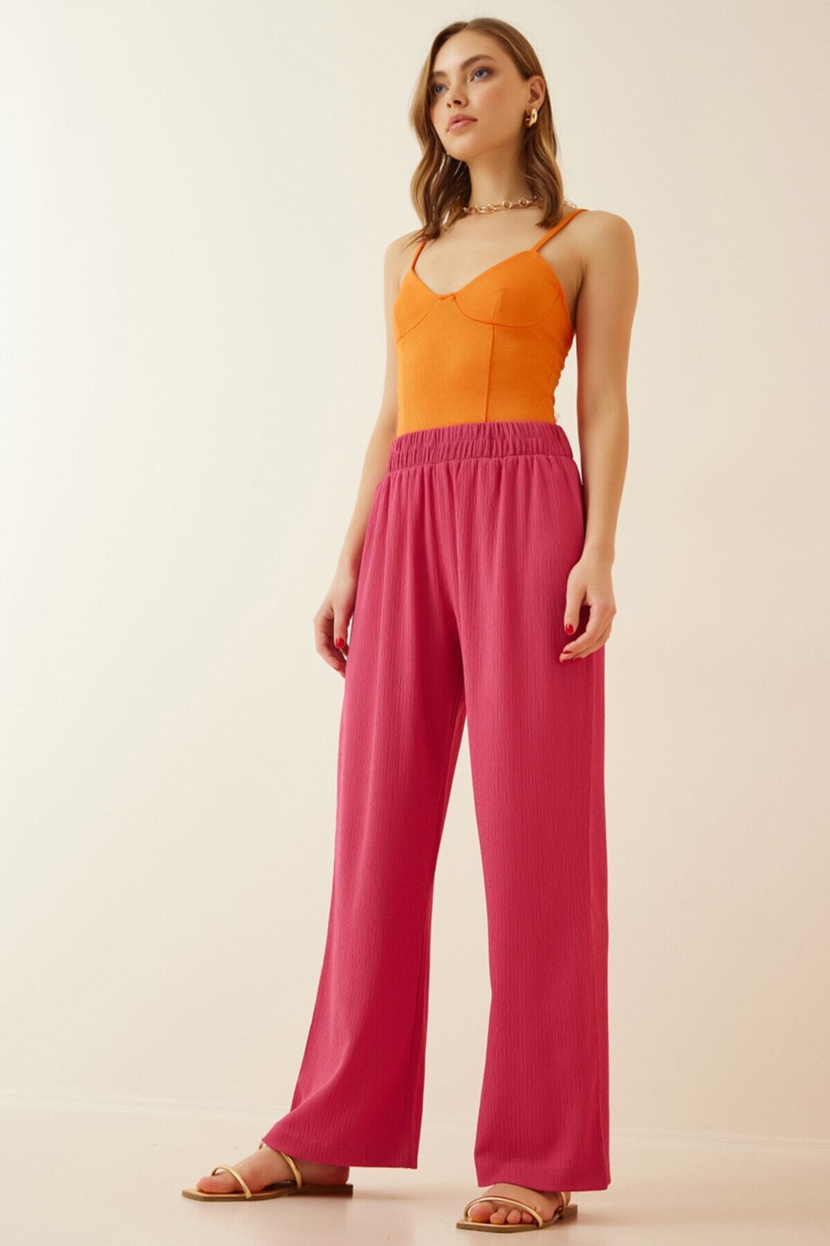 Kadın Pembe Beli Lastikli Ayarlanabilir İpli Bol Paça Örme Palazzo Pantolon HZL22S-BD165431