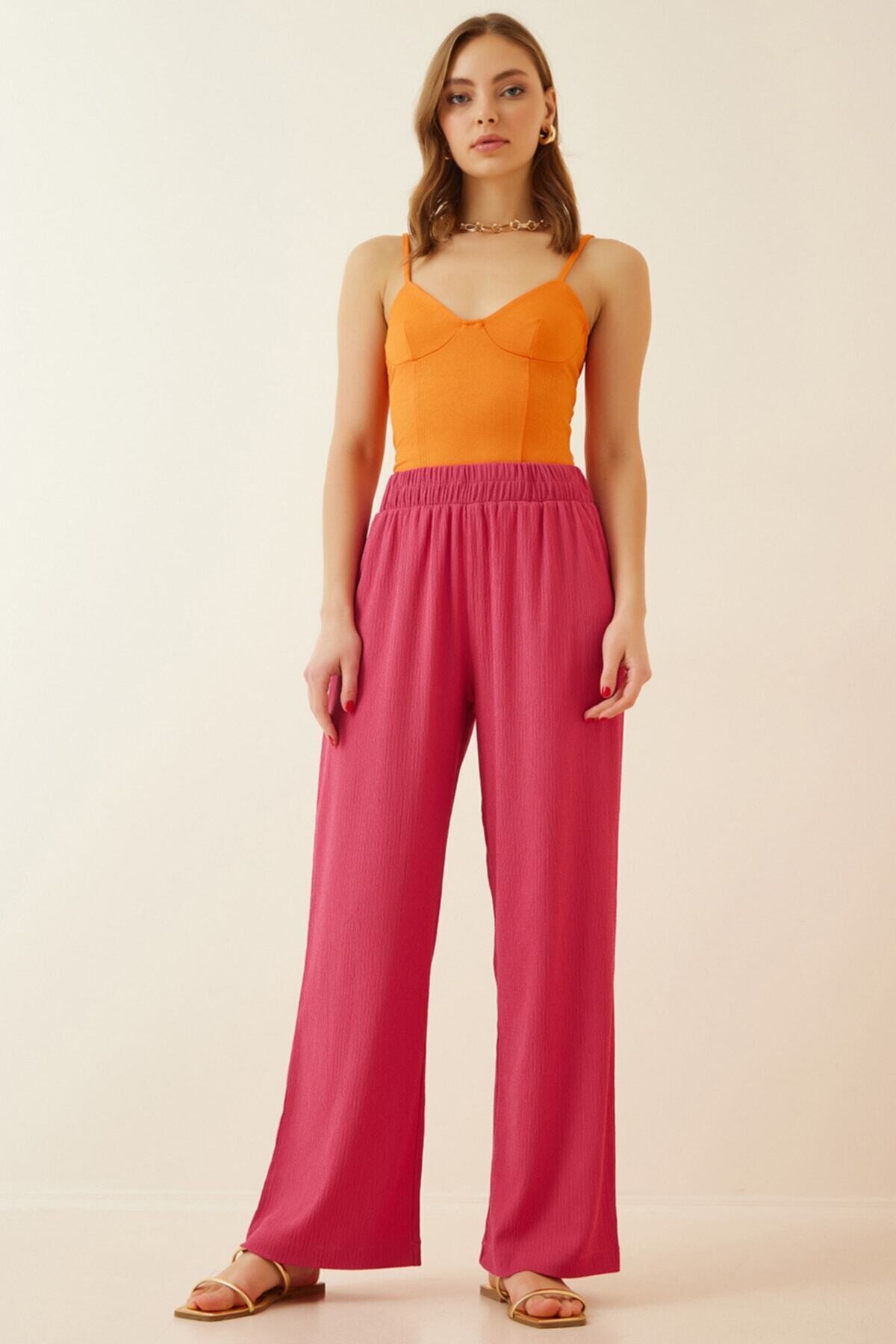 Kadın Pembe Beli Lastikli Ayarlanabilir İpli Bol Paça Örme Palazzo Pantolon HZL22S-BD165431