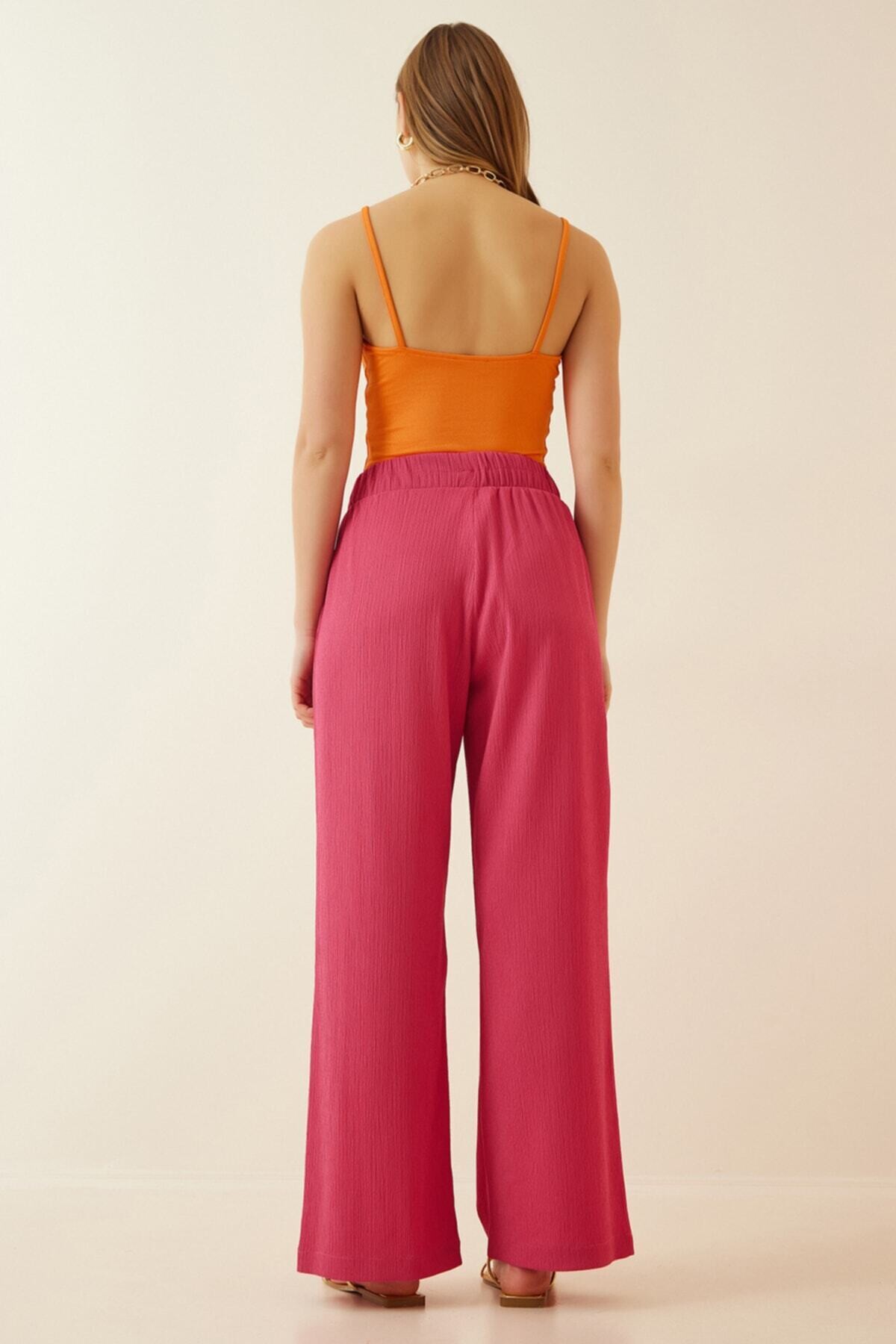 Kadın Pembe Beli Lastikli Ayarlanabilir İpli Bol Paça Örme Palazzo Pantolon HZL22S-BD165431