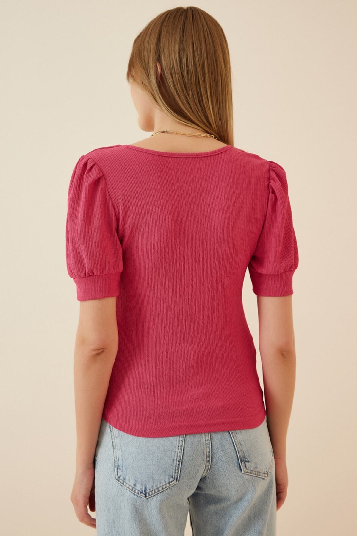 Kadın Pembe Kare Yaka Örme Bluz HZL22W-BD104091