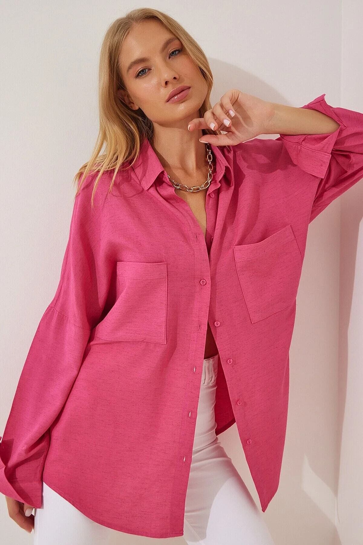 Kadın Pembe Oversize Çift Cepli Keten Gömlek HZL22S-BD1201261