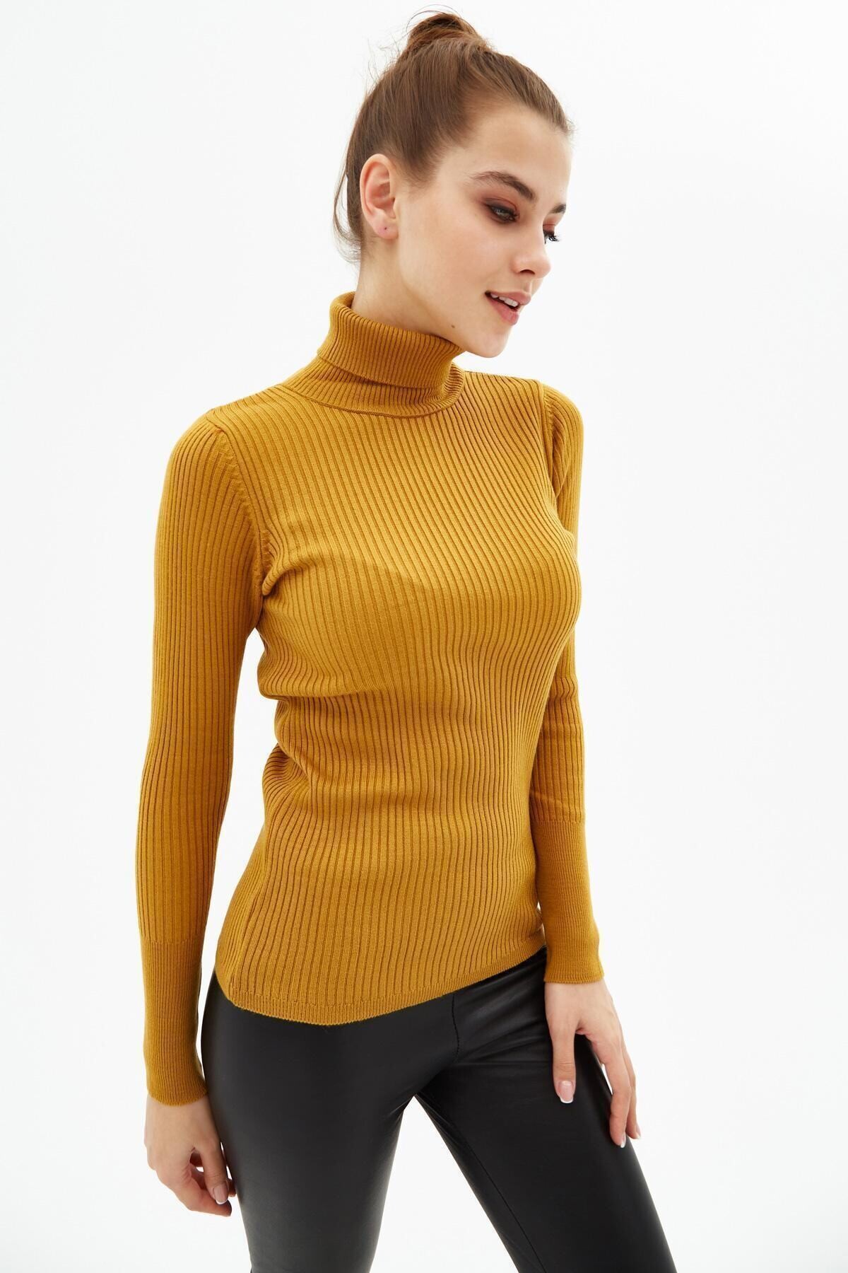 Kadın Safran Boğazlı Fitilli Triko Balıkçı Yaka Kazak HZL22W-BD1445001