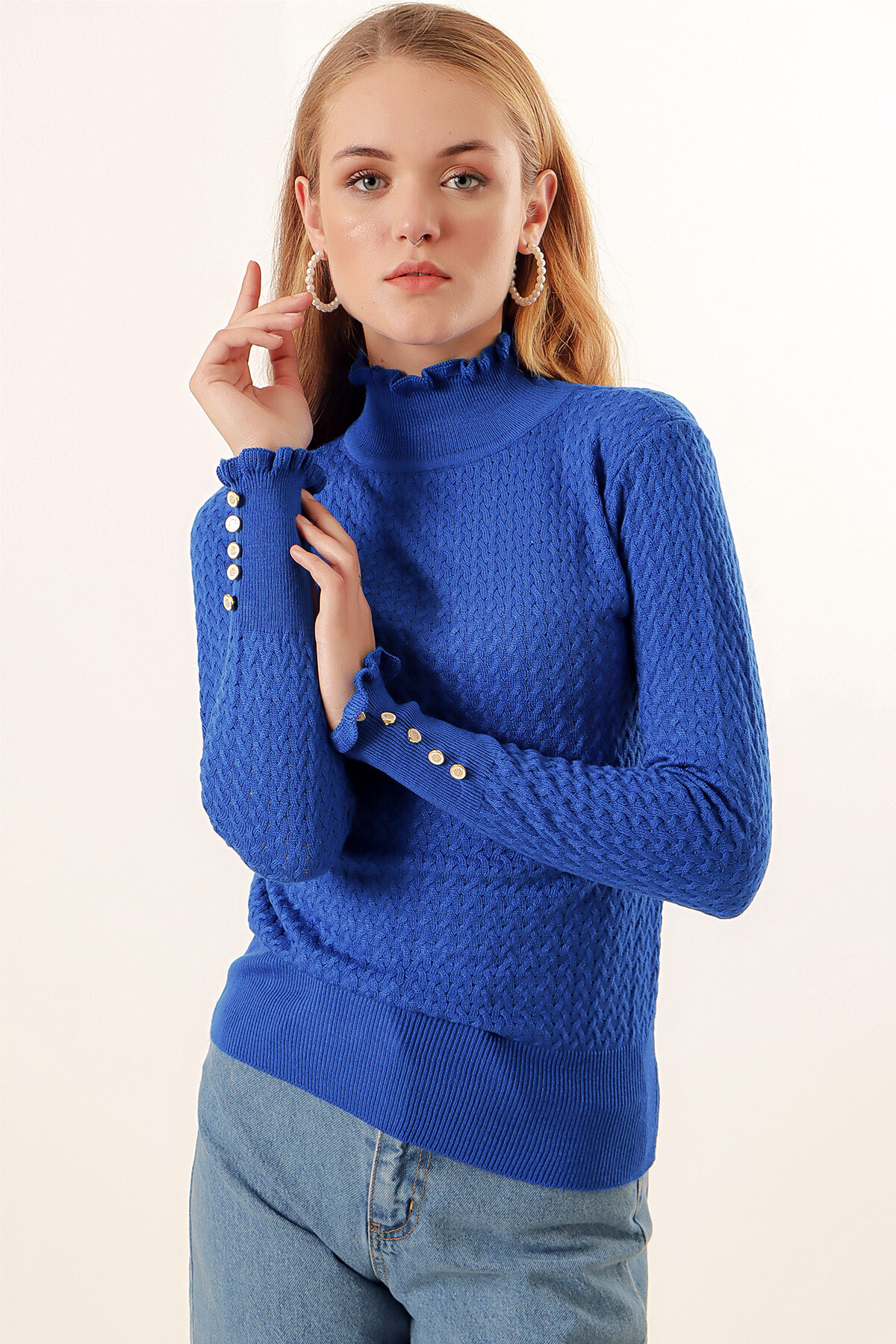 Kadın Saks Balıkçı Yaka Boğaz ve Bilekten Fırfırlı Triko Boğazlı Kazak HZL23W-BD1100621