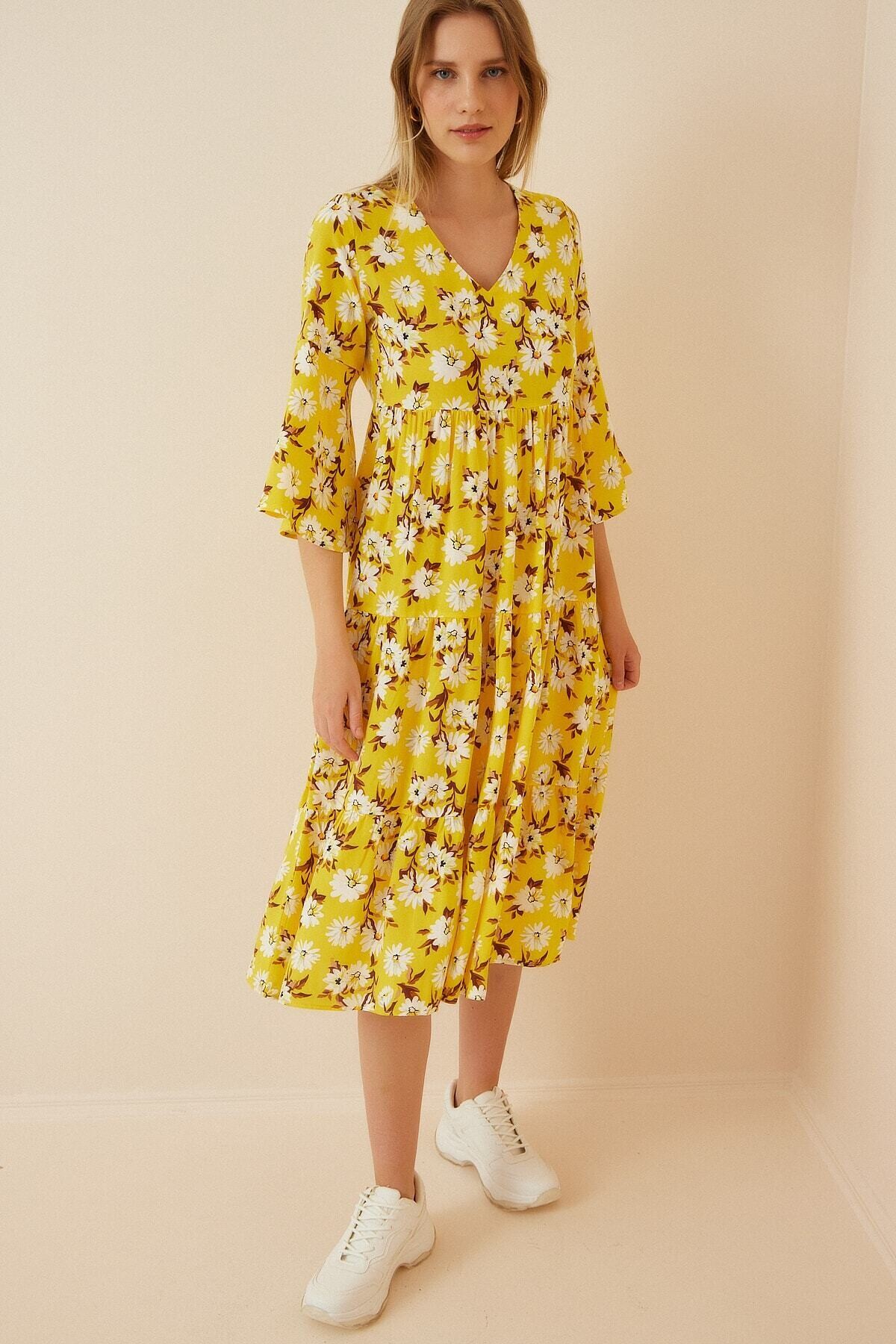 Kadın Sarı Beyaz Çiçekli İspanyol Kol Uzun Viskon Elbise HZL22S-BD119591